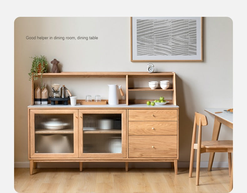 Solid Oak Wood Sideboard Buffet Cabinet - Rustic Dining Room Storage for Dishes, Linens & Entertaining Essentials