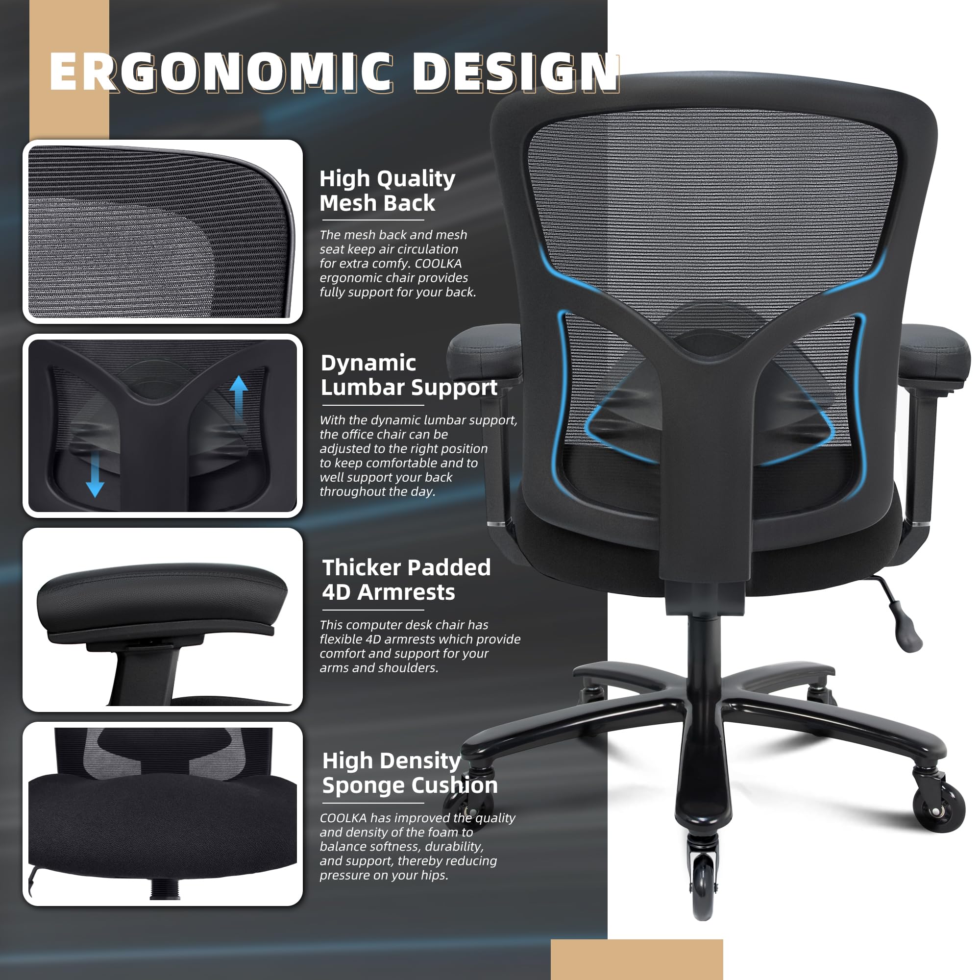 Big and Tall Office Chair 500lbs - Heavy Duty Ergonomic Mesh Computer Chair with Wide Seat Cushion, Adjustable Lumbar Support & 4D Armrests - Black for Home Office, Gaming, and Workspace Comfort