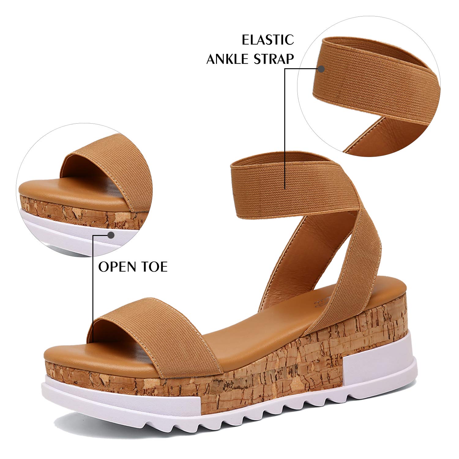 Katliu Women's Wedge Platform Sandals with Elastic Ankle Strap & Cork Sole - Comfortable Summer Beach Shoes for Walking, Travel and Casual Outfits