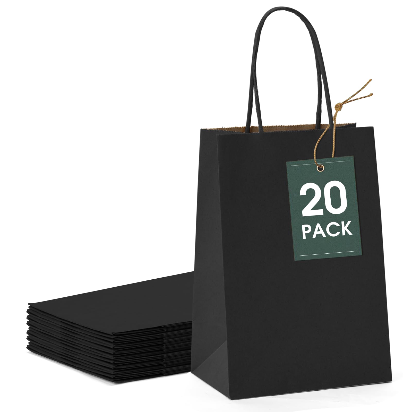 GSSUSA Kraft Paper Gift Bags 5.25x3.75x8 Inches - 20 Pack Black Handle Bags | Bulk Eco-Friendly Shopping Bags for Retail, Parties, Weddings, Grocery & Business | Perfect for Gift Wrapping, Merchandise Packaging & Boutique Displays