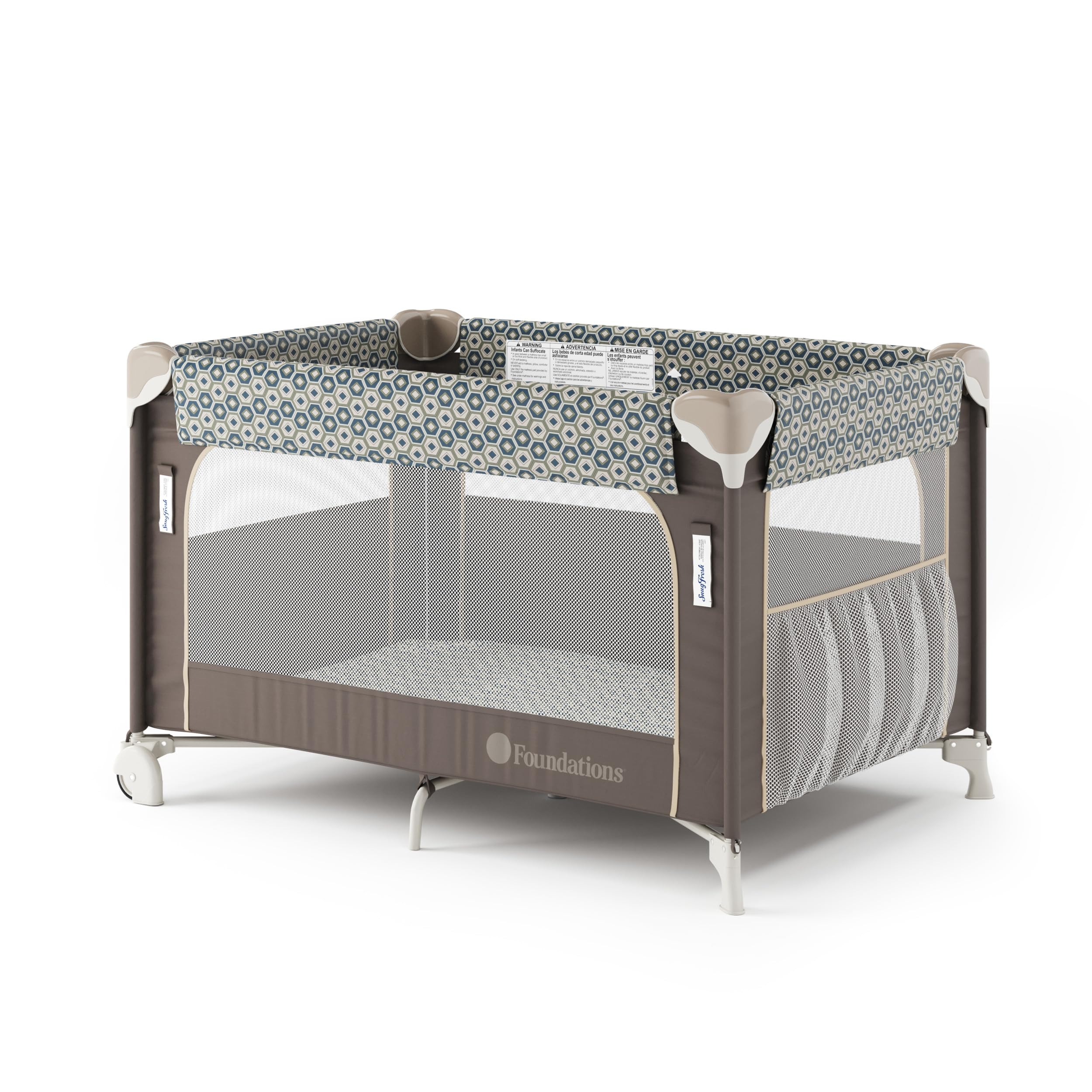 Foundations SnugFresh Elite Baby Play Yard with Wheels - Portable Playpen for Toddlers & Infants | Washable Cover, Foldable Design & Travel Mattress Included | Perfect for Home, Daycare & Travel - Sahara