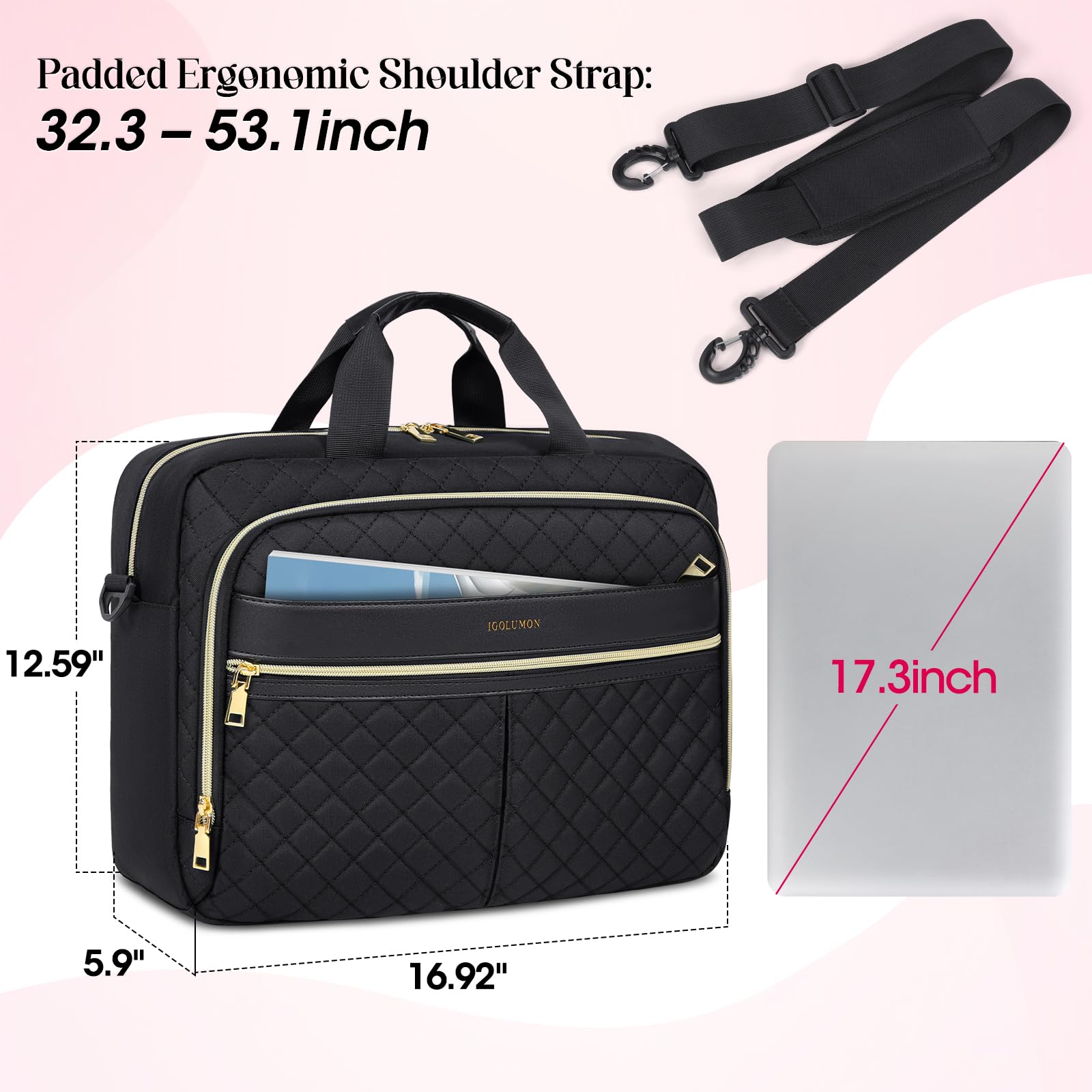 IGOLUMON 17.3 Inch Waterproof Laptop Messenger Bag for Women & Men - Business Office, Work, Travel & College Shoulder Bag - Durable Computer Briefcase (Black) - Perfect for Commuting, Business Trips & Campus Life