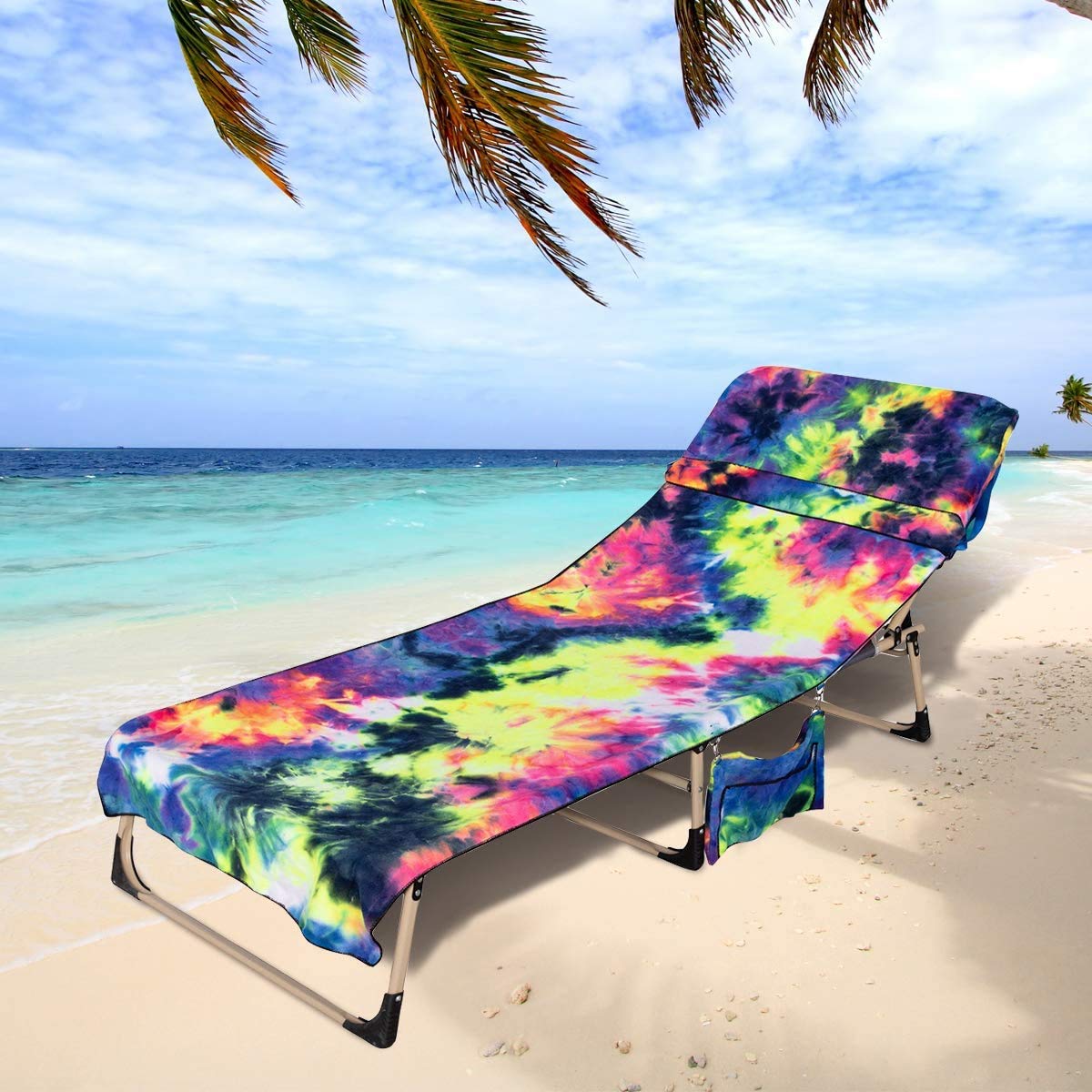 TOPCHANCES Quick-Drying Microfiber Beach Towel with Pockets - Chaise Lounge Chair Cover for Pool, Sunbathing & Outdoor Relaxation - Solid Blue Terry Towel for Beach Holidays, Vacation & Backyard Use