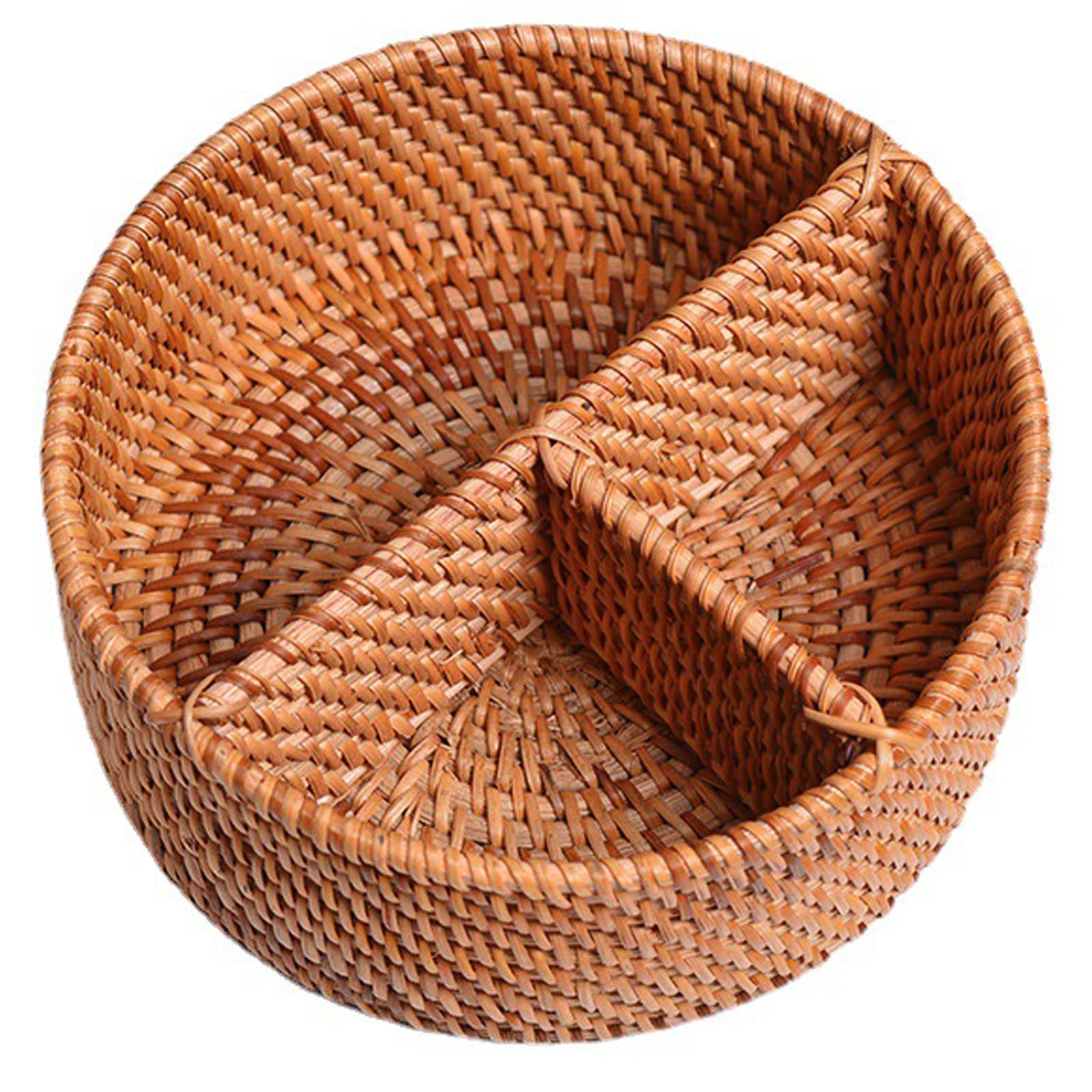 Round Rattan Storage Baskets with 3 Divided Sections - Hand-Woven Wicker Organizer Tray for Drawer, Shelf & Countertop - Rustic Home Decor for Kitchen, Bathroom & Office Organization