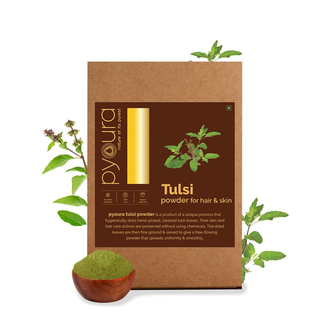 PYOURA Pure Tulsi Powder - 100% Natural Organic Holy Basil Powder for Skin Care | Chemical-Free, Hygienically Dried | Face Pack for Youthful & Clear Skin | 2-Pack (100g Each) | Perfect for DIY Face Masks, Ayurvedic Remedies & Holistic Wellness