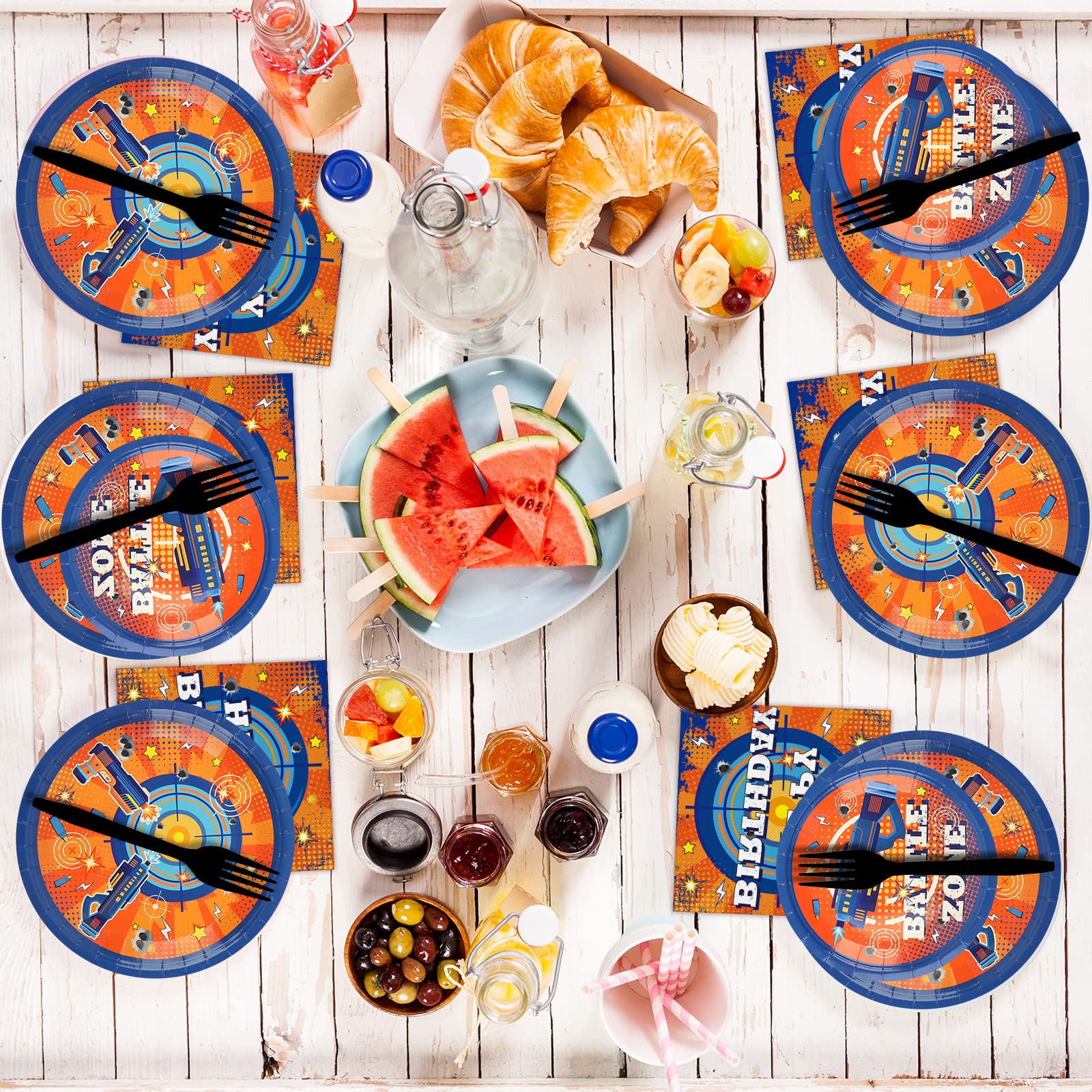 96 Pcs Dart War Party Supplies Set - Blue & Orange Themed Plates, Napkins for Kids Birthday, Baby Shower - Fun Tableware Decorations for Boys' Dart War Party (Serves 24) - Perfect for Birthday Celebrations, Game Nights & Themed Events
