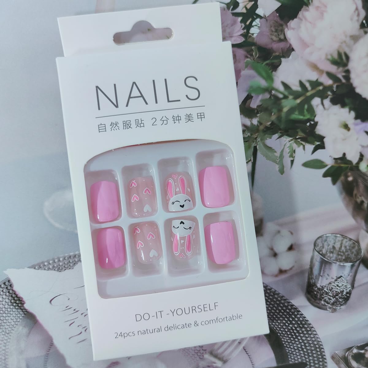 Easter Press on Nails Short Square Fake Nails - 24Pcs Bunny Rabbit Love Heart Design Acrylic Nail Kit | Pink & White Glue on Nails for Easter Party, Spring Nail Art, Holiday Manicure Decorations