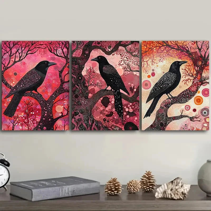 3-Piece Psychic Crow Wall Art Set - Framed Canvas 40x60cm (16x24in) | High Quality Print | Australian Made | Ready to Hang | Gothic Home Decor for Living Room, Bedroom & Office