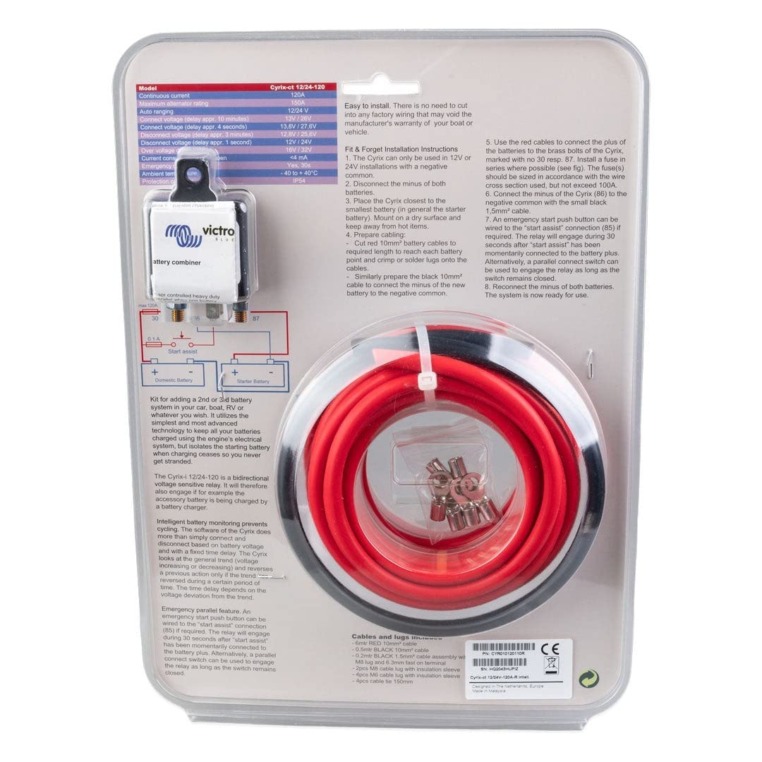 Victron Energy Cyrix-CT 12V/24V 120A Battery Combiner Kit - Dual Battery Charging System for Marine, RV & Off-Grid Power Solutions