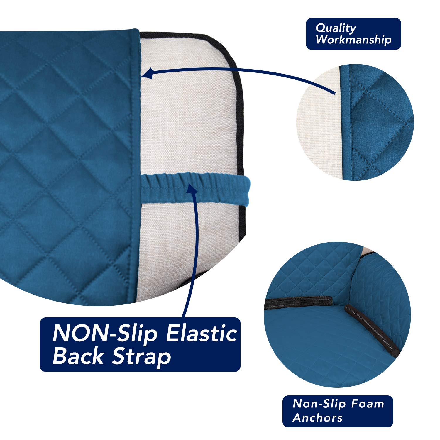 Reversible Quilted Sofa Cover - Water Resistant Slipcover Furniture Protector with Non-Slip Elastic Straps | Washable Couch Cover for Kids & Pets | Perfect for Living Room, Family Room & Pet-Friendly Homes (Peacock Blue/Beige)