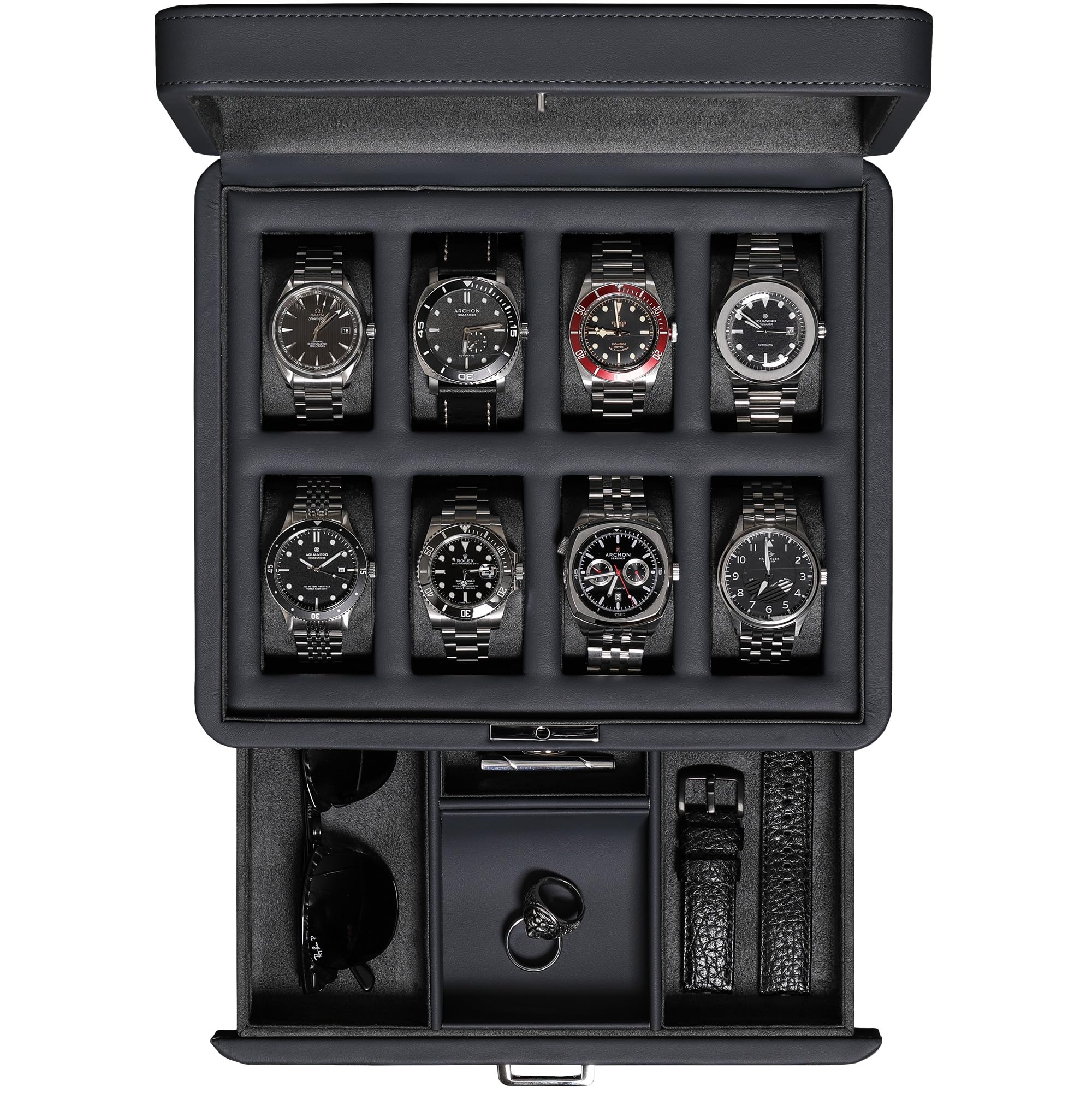 ROTHWELL 8-Slot Leather Watch Box with Valet Drawer - Luxury Jewelry Organizer & Display Case with Real Glass Top & Locking Mechanism - Carbon Watch Storage for Men & Women - Perfect for Travel, Home Decor & Gift Giving