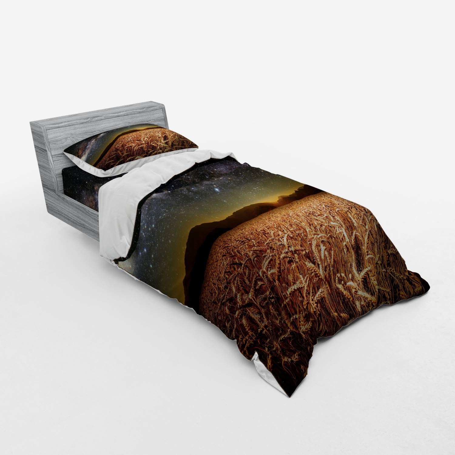 Ambesonne Space Duvet Cover Set - Wheat Field Meadow Under Star Clusters Twilight Harvest Rural Art Print | 3-Piece Bedding Set with Sham & Fitted Sheet | Twin XL Size in Tan Grey | Perfect for Astronomy Lovers' Bedrooms & Cozy Farmhouse Decor