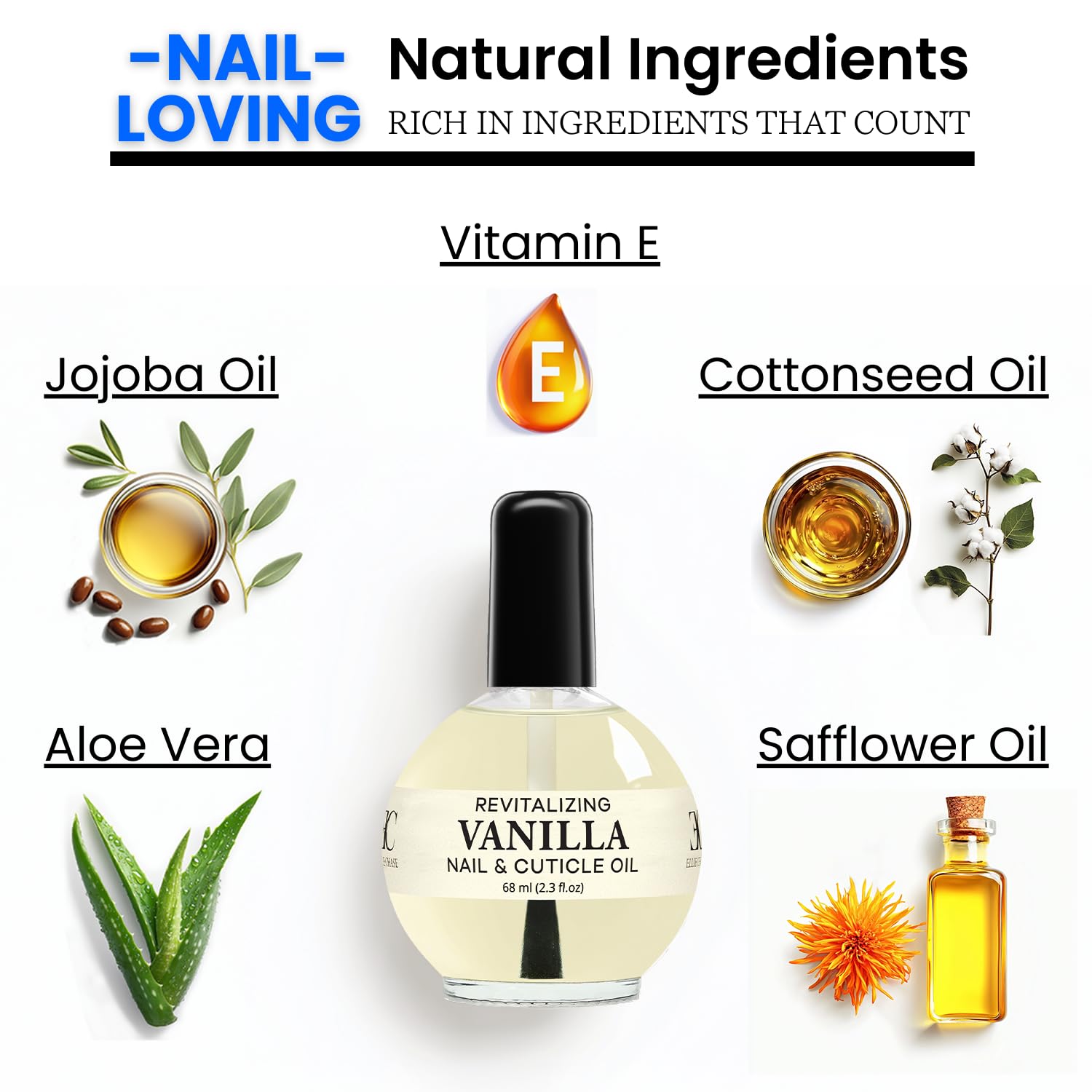 Moisturizing Cuticle & Nail Care Oil 2.3 Fl Oz - Vanilla Scented with Jojoba Oil, Aloe & Vitamin E - Hydrates, Repairs & Strengthens Nails - Perfect for Dry Cuticles & Nail Growth - Ideal for Home Manicures & Salon Use