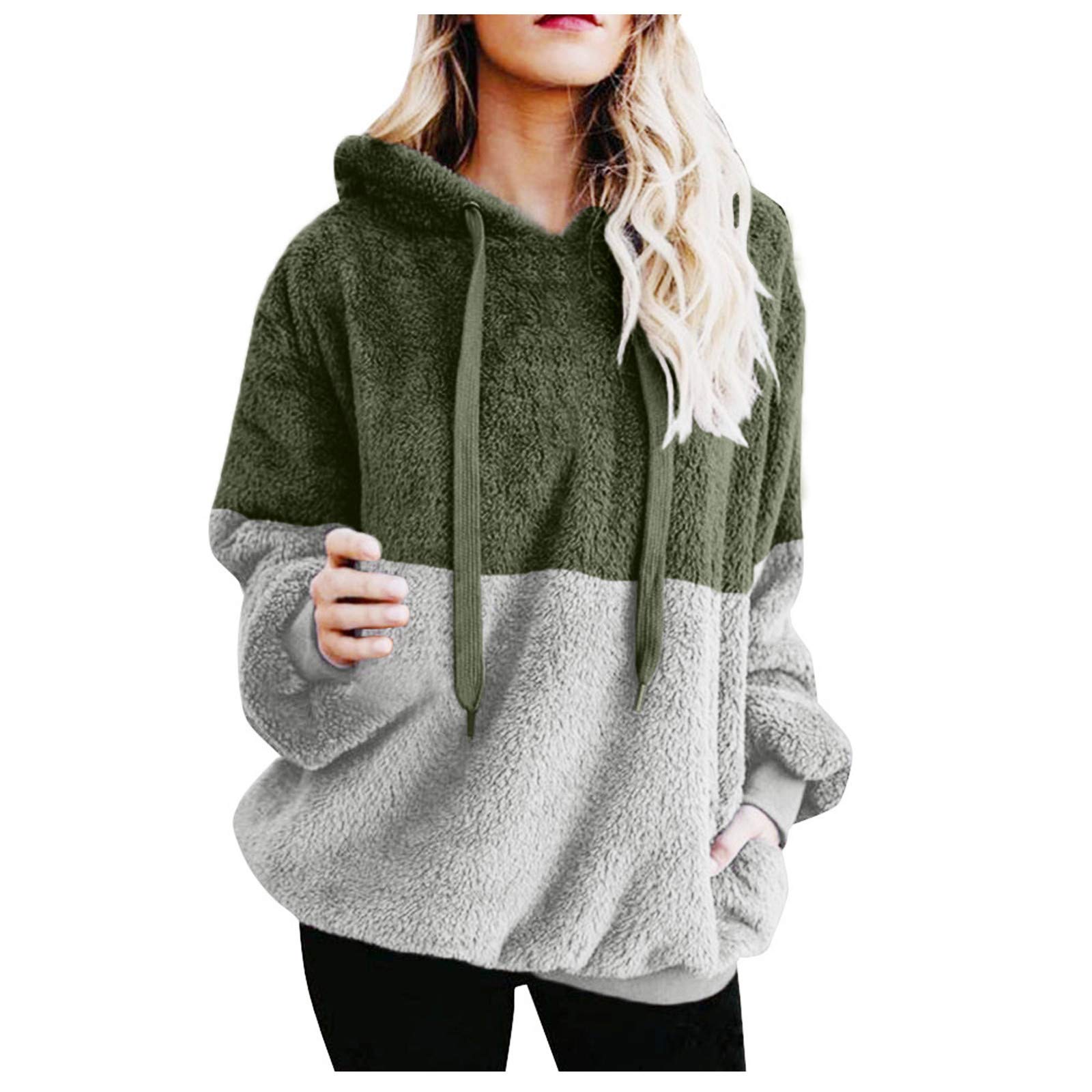 Women's Color Block Sherpa Hoodie - Oversized Zip-Up Fleece Sweatshirt with Drawstring & Pockets | Cozy Winter Wear for Casual Outings, Lounging & Outdoor Activities