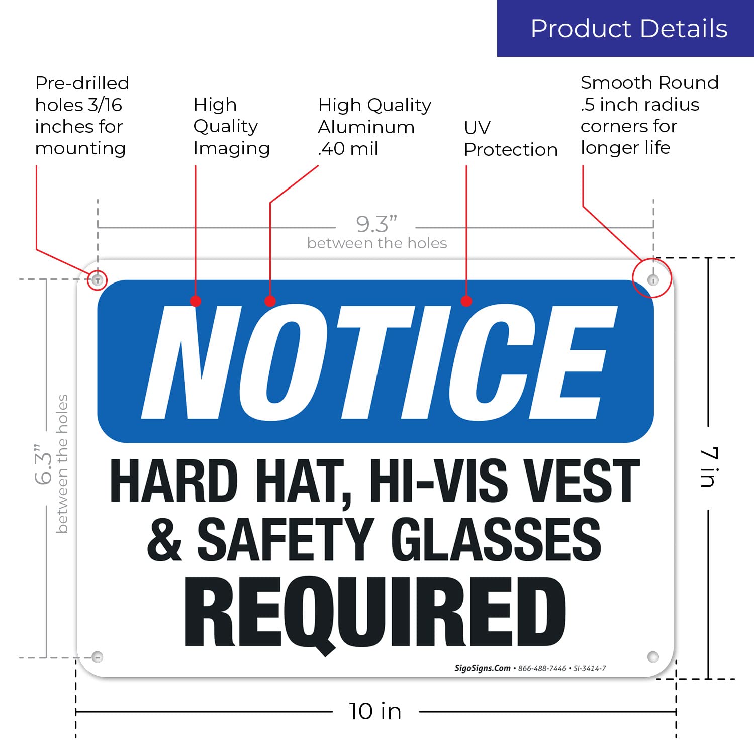 OSHA Compliant Hard Hat Hi-Vis Vest & Safety Glasses Required Sign - 10x7 Inches Rust-Free .040 Aluminum - Fade Resistant for Indoor/Outdoor Use - Made in USA - Perfect for Construction Sites, Warehouses & Industrial Safety Areas