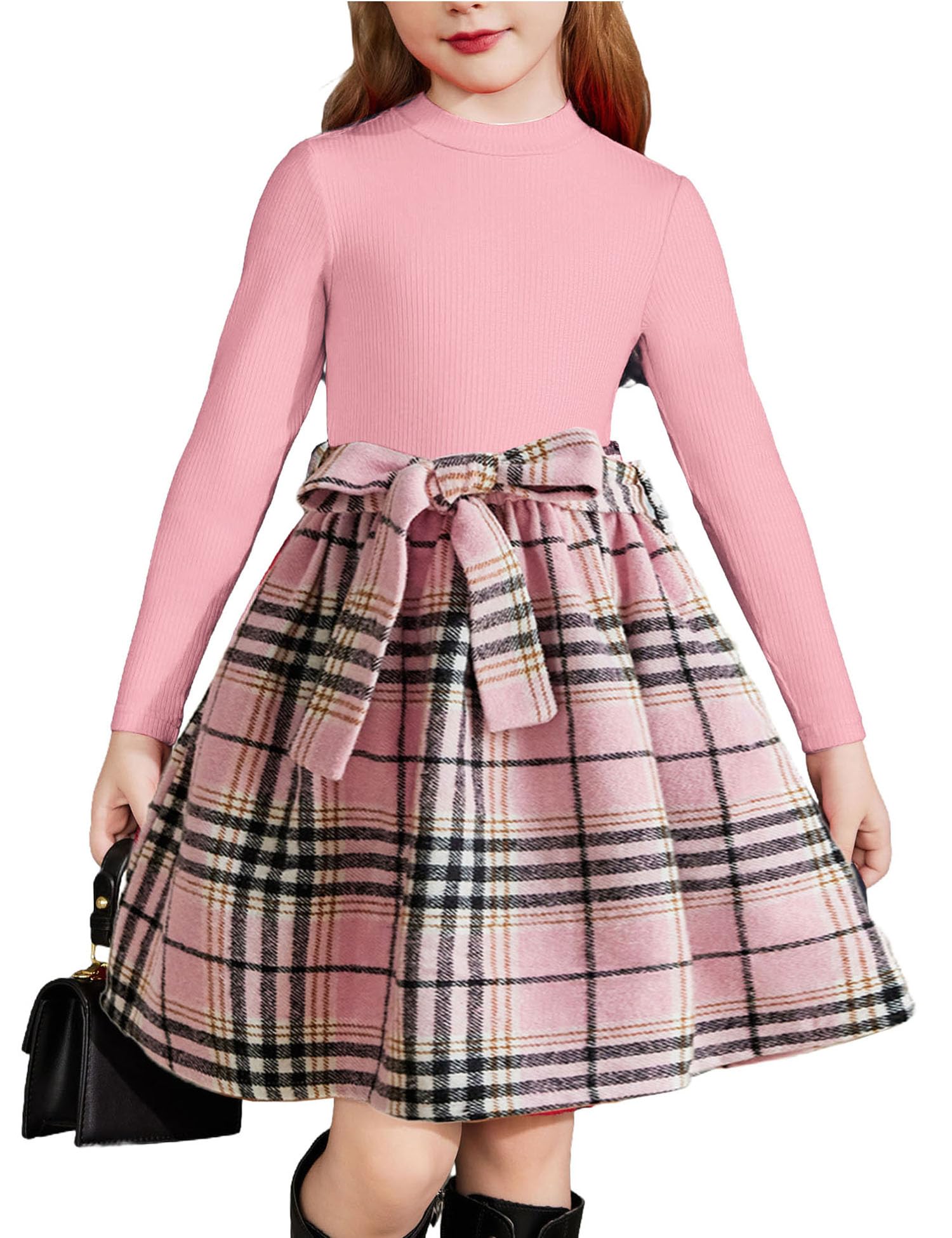 Arshiner Girls Long Sleeve Rib Knit Plaid Patchwork Belted Dress with Pockets | Cute & Comfortable Fall Winter Outfit for School, Party & Holiday Photos
