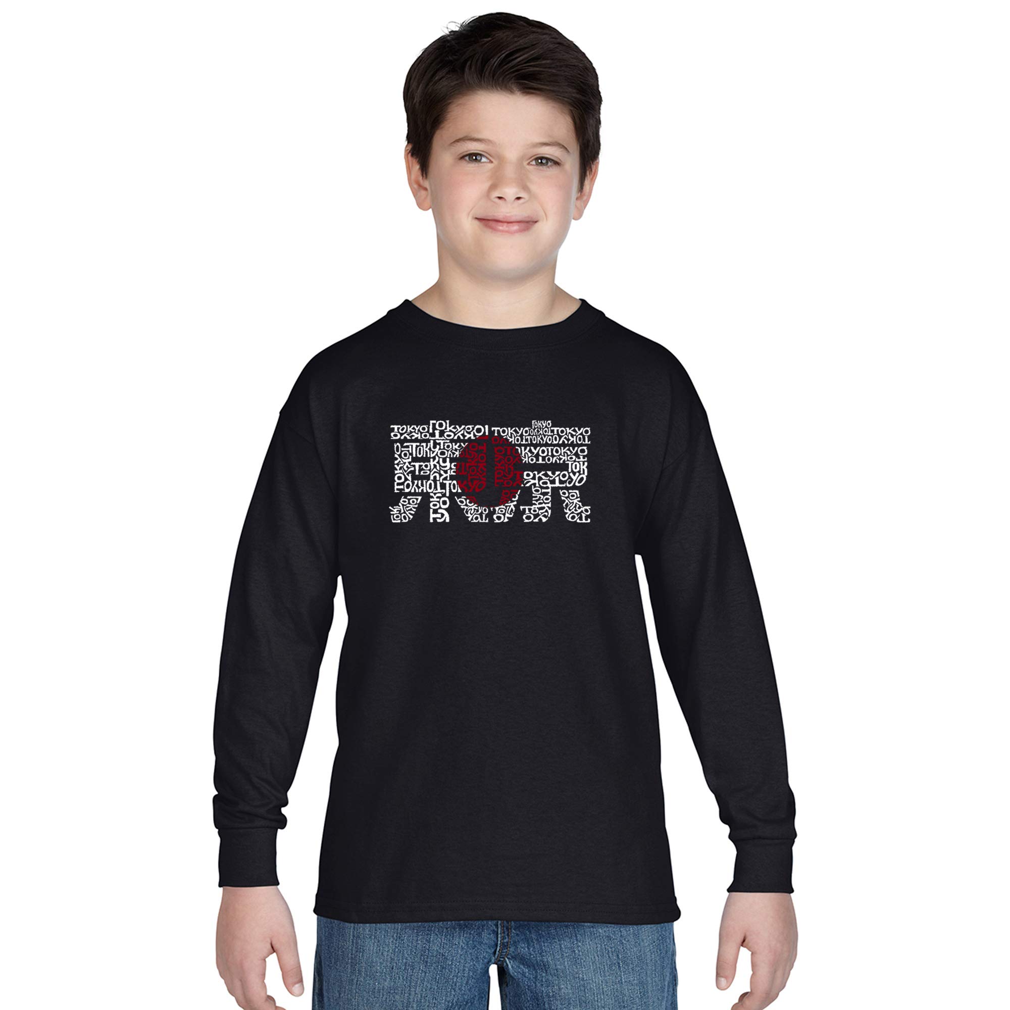 LA POP ART Boys' Word Art Long Sleeve T-Shirt - Tokyo Sun Design | Trendy Graphic Tee for Kids & Teens | Perfect for School, Casual Wear & Street Style