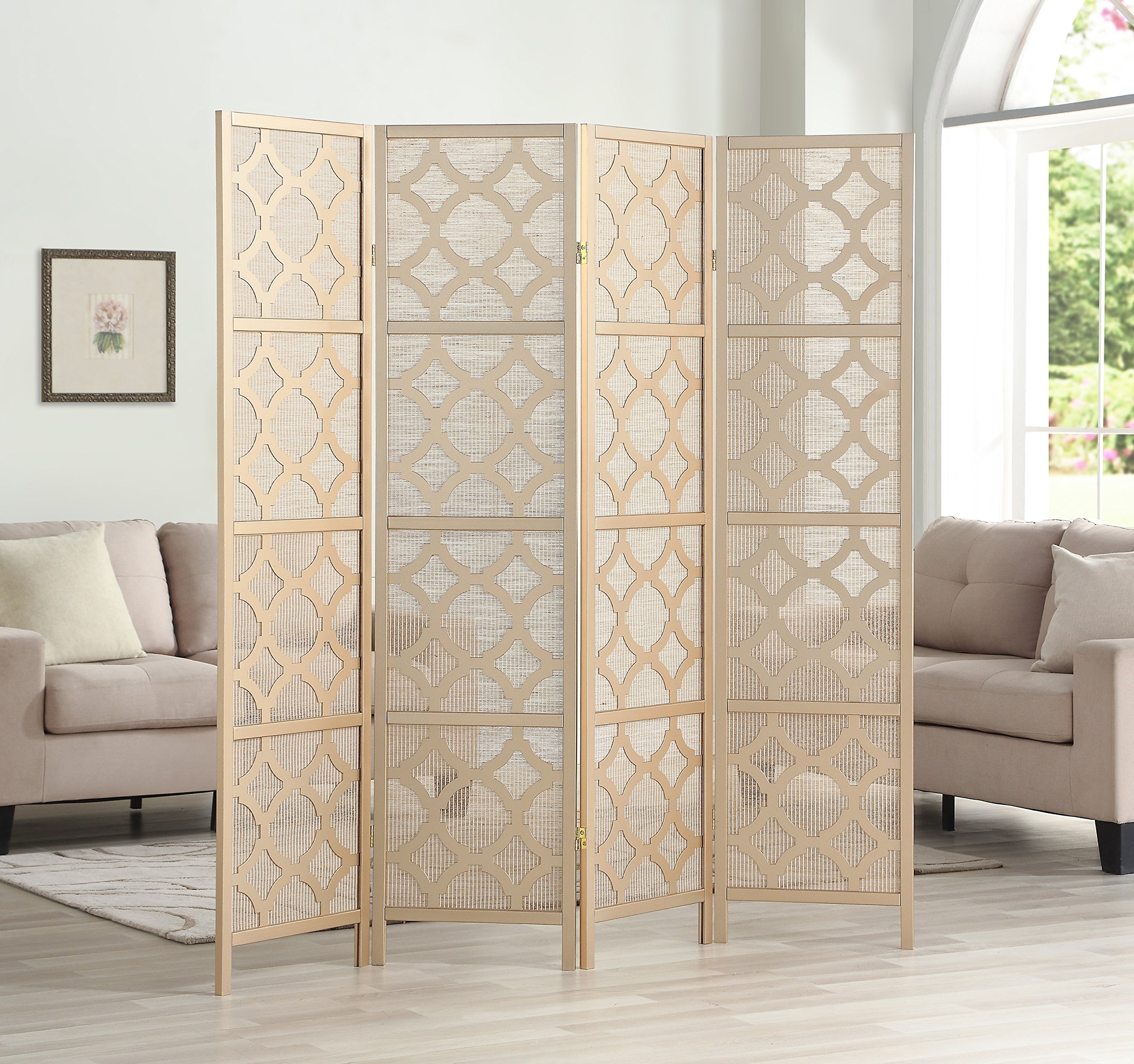 Roundhill Furniture Quarterfoil Diamond Design 4-Panel Room Divider Screen in Gold - Perfect for Home Office, Living Room & Bedroom Privacy Partition