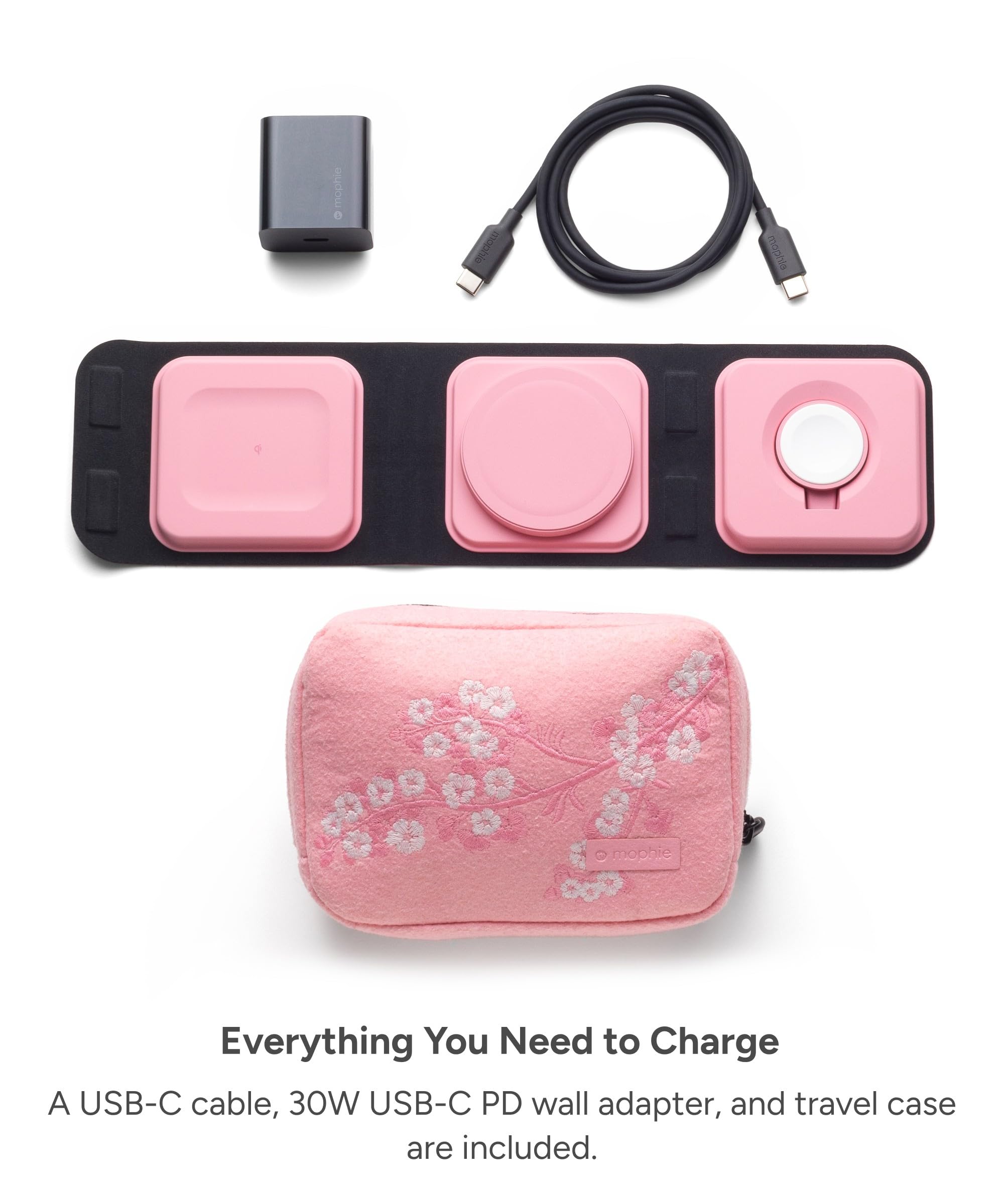 mophie 3-in-1 MagSafe Travel Charger - Fast Wireless Charging Station for iPhone 16/15/14/13/12, Apple Watch Series 10 to 1 & Ultra, AirPods Pro/3 | Portable Charging Hub | Cherry Blossom Pink | Perfect for Travel, Office & Nightstand Charging