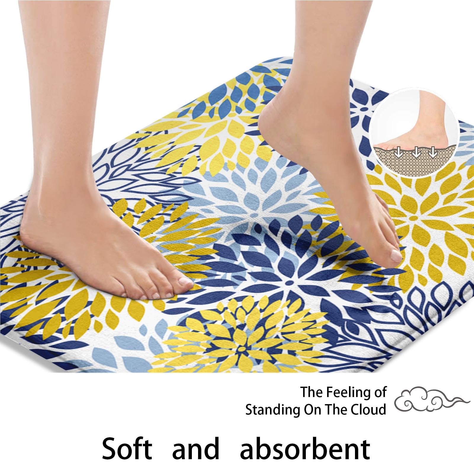 Spring Floral Bathroom Set with Shower Curtain, Rugs & Accessories - Blue Yellow Navy Flower Abstract Grey Plant Leaf Design - 4 Piece Bath Decor for Modern Home & Spa Retreat