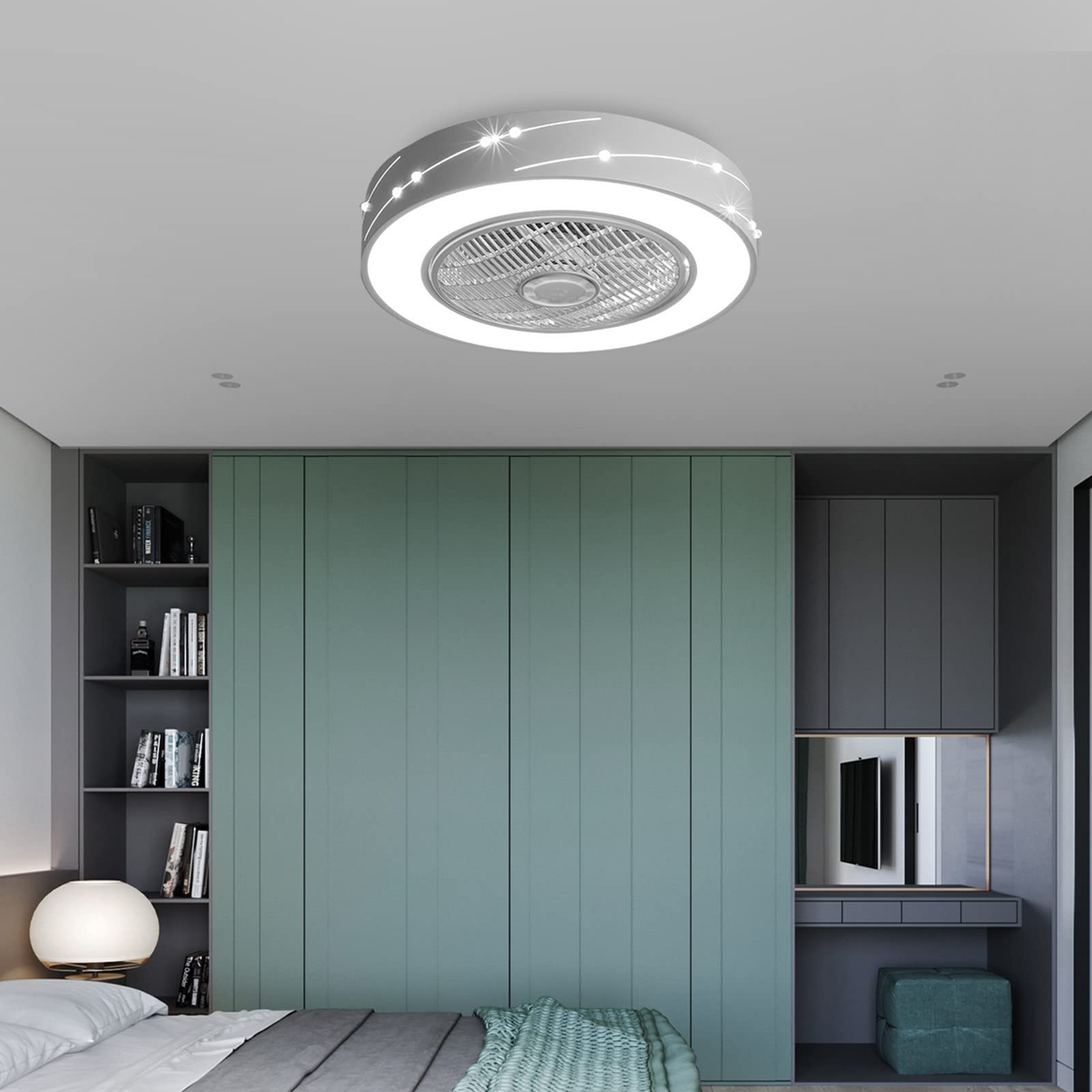 21.6 Inch Modern LED Ceiling Fan with Light - 32W Remote Control, Dimmable, Timer Function, Low Profile Enclosed Design - Perfect for Living Room, Bedroom & Home Office (White)