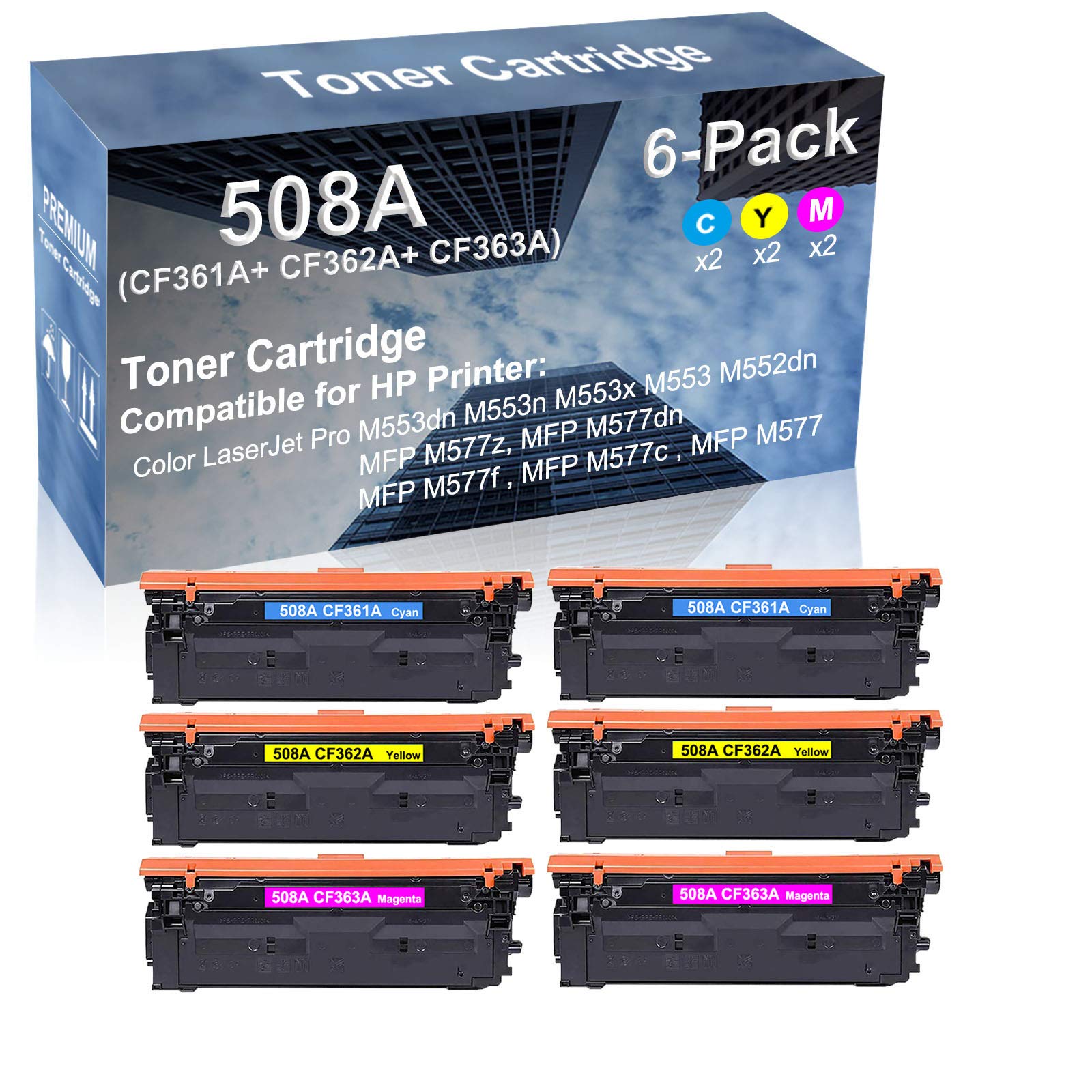 6-Pack High Yield 508A (CF361A/CF362A/CF363A) Compatible Toner Cartridges for HP MFP M577dn/M577f/M577c Printers - Ideal for Office & Home Printing Needs