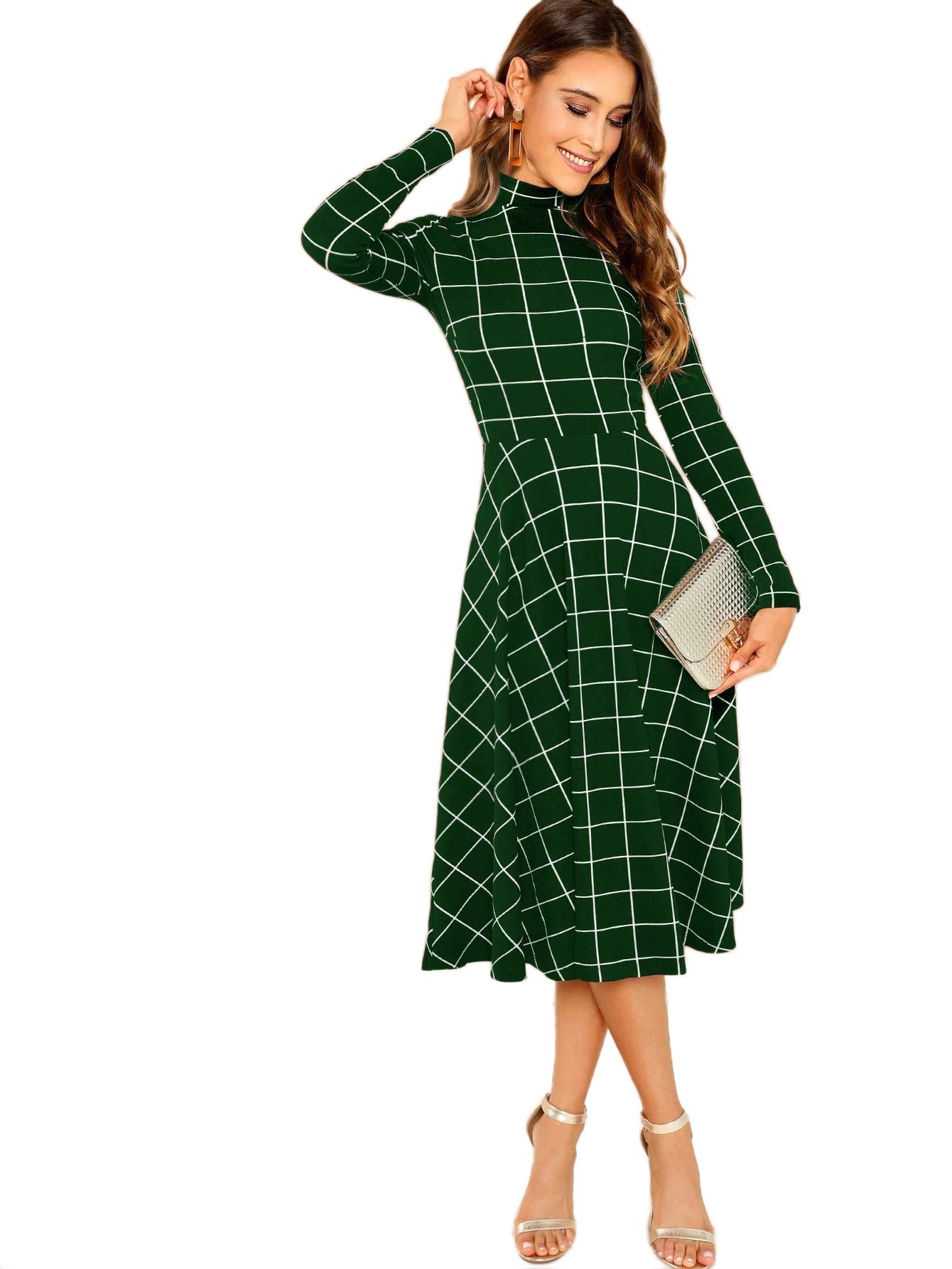 Floerns Women's High Neck Plaid Fit and Flare Midi Dress - Elegant Office & Party Wear for Fall & Winter | Perfect for Work, Date Night & Holiday Events