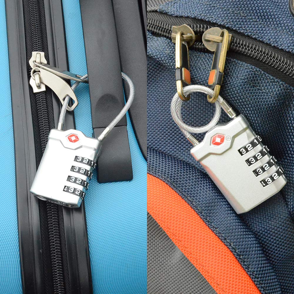 TSA Approved 4-Digit Combination Luggage Locks - Flexible Cable Travel Lock with White Numbers for Suitcases, Gym & School Lockers (Silver) | Secure Your Bags During Air Travel, Gym Sessions & Campus Life