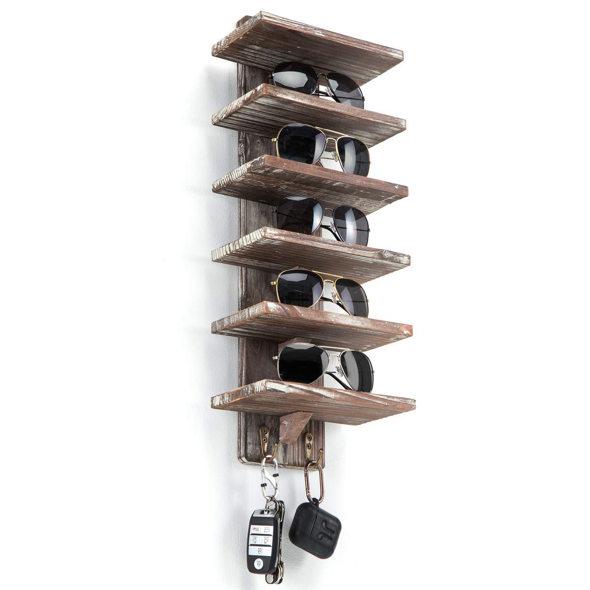 Rustic Wood Wall Mount Sunglasses Organizer - 6 Tier Glasses Storage Rack with 2 Hooks, Jewelry & Watch Display Cabinet, Key Holder - Perfect for Bedroom, Bathroom, Entryway Organization (MK551A)