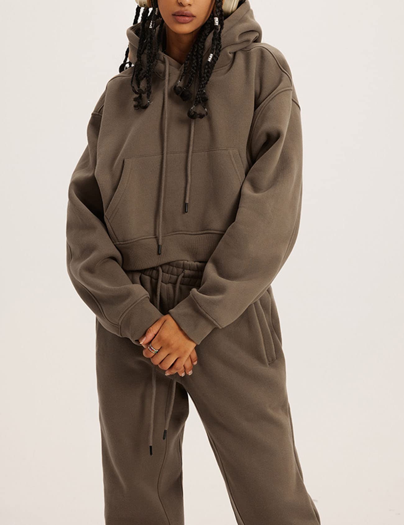 CozyPoins Women's Fleece 2-Piece Sweatsuit Set - Soft Crop Top & Jogger Pants with Hoodie | Comfy Lounge Wear for Home, Gym & Outdoor Activities