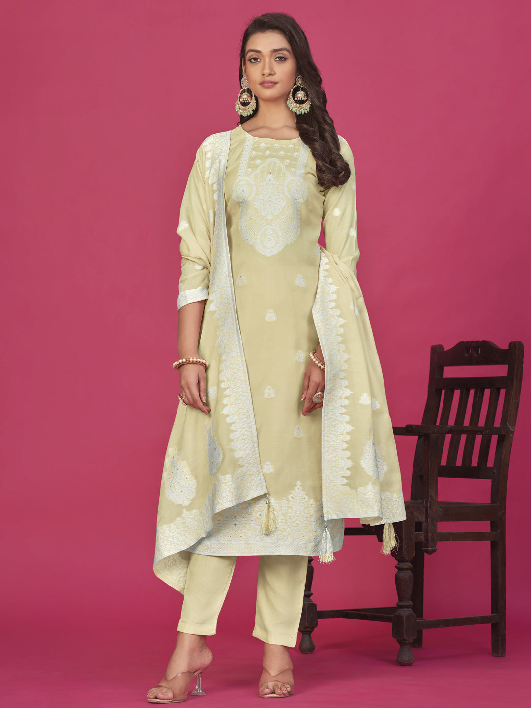 Elegant Beige Organza Pant Suit with Wevon Designer Embroidery - Perfect for Weddings, Parties & Formal Events