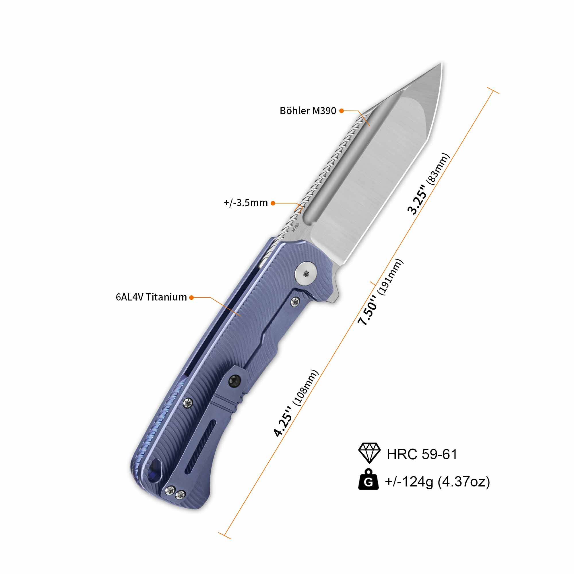 QSP Rhino Pocket Knife - Böhler M390 Steel Compound Blade, Textured Titanium Handle - EDC, Camping, Hunting & Outdoor Survival Tool