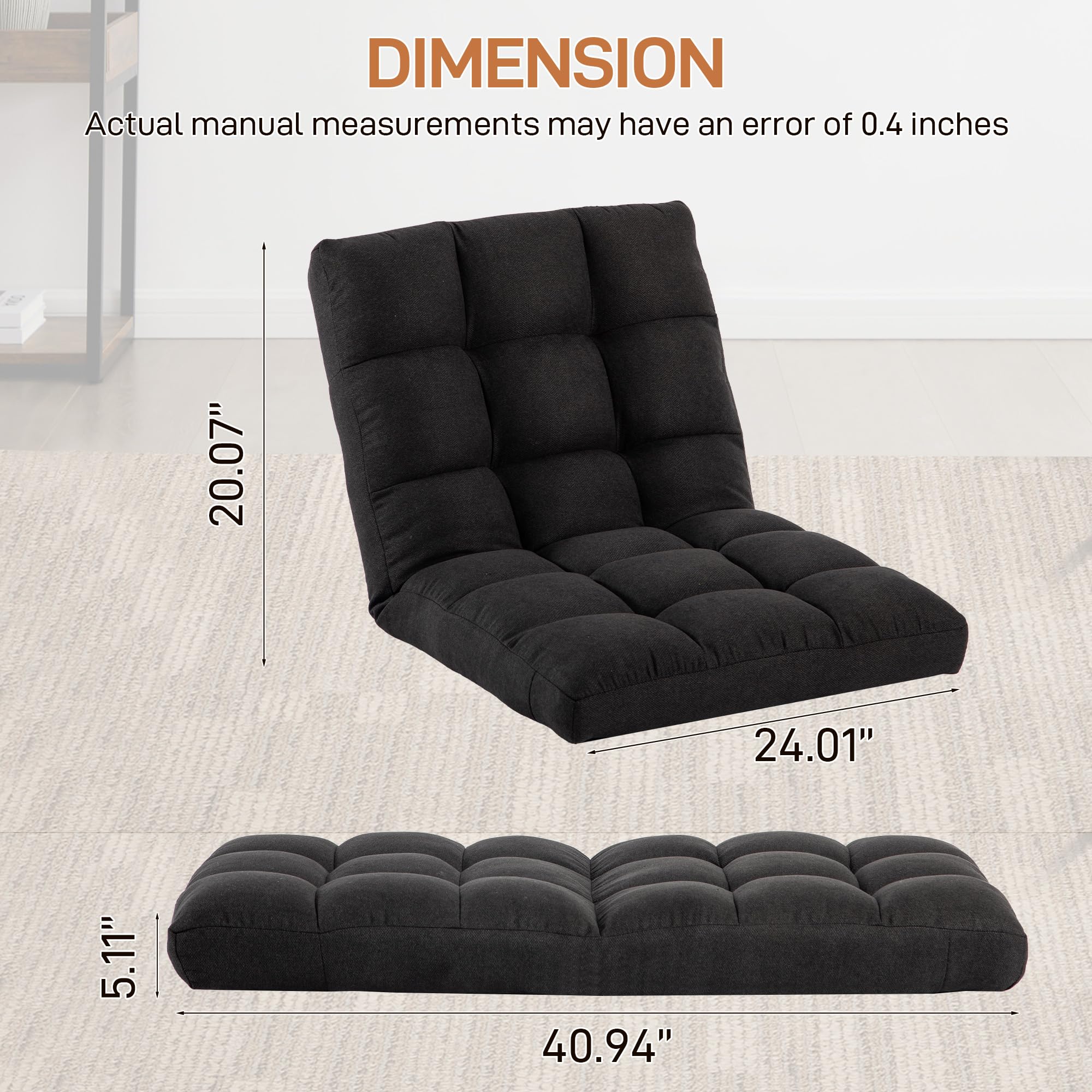 Adjustable Floor Chair with Back Support - 6-Position Folding Floor Sofa for Gaming, Meditation & Relaxation - Padded Sleeper Bed for Adults (Country Rustic Black) - Perfect for Small Spaces, Living Rooms & Bedrooms