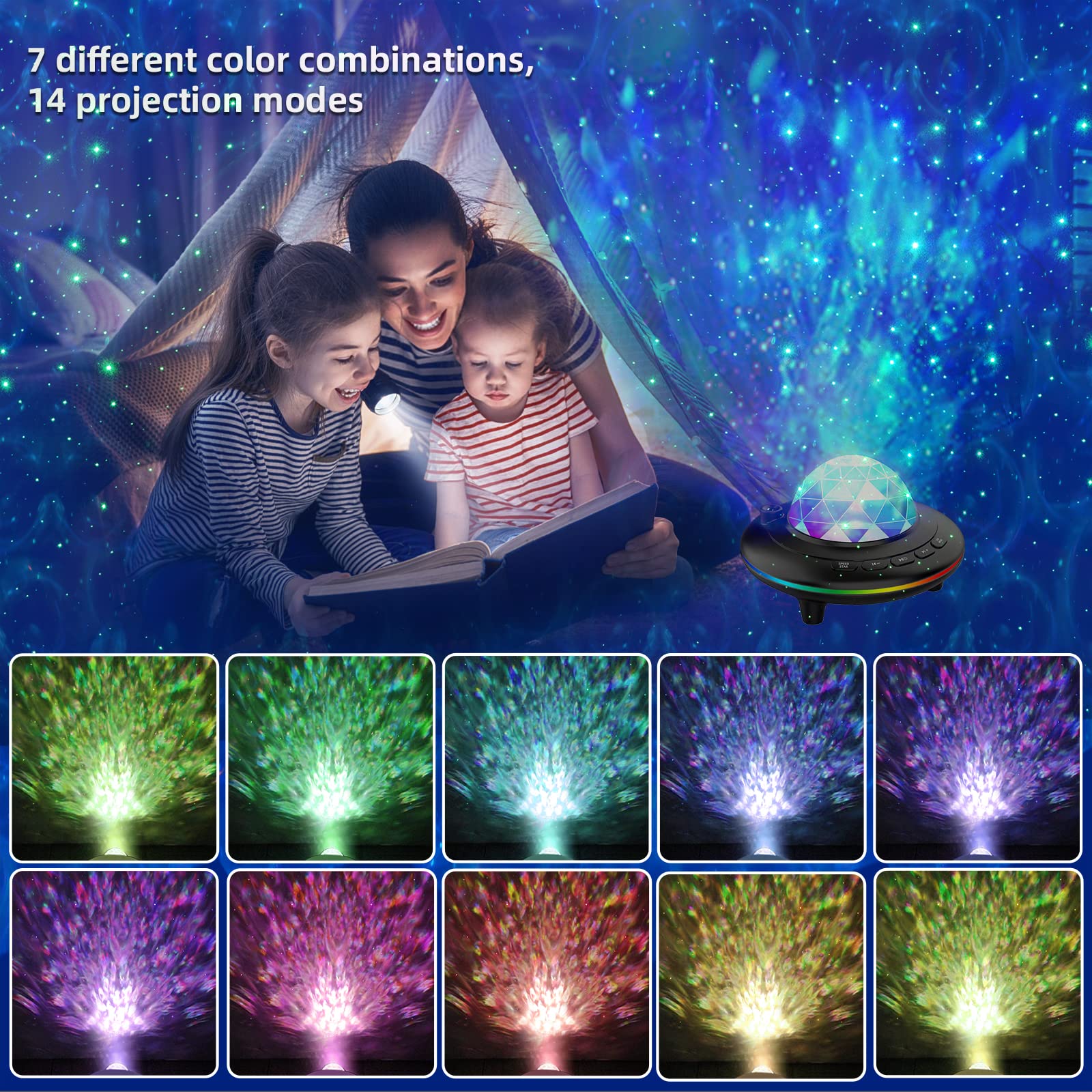 Galaxy Projector Star Night Light with Ocean Wave Effect, Bluetooth Music, Remote Control & Timer - Color Changing LED Lamp for Kids & Adults Bedroom, Party, Birthday, Relaxation & Meditation