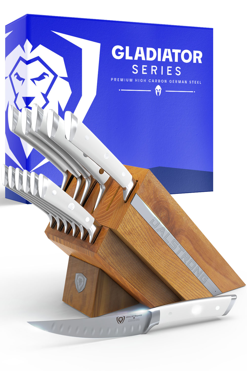 12-Piece Dalstrong Gladiator Series Knife Block Set with White Handles - NSF Certified Professional Kitchen Knives for Home Chefs & Cooking Enthusiasts | Perfect for Meal Prep, Slicing, Dicing & Gourmet Cooking