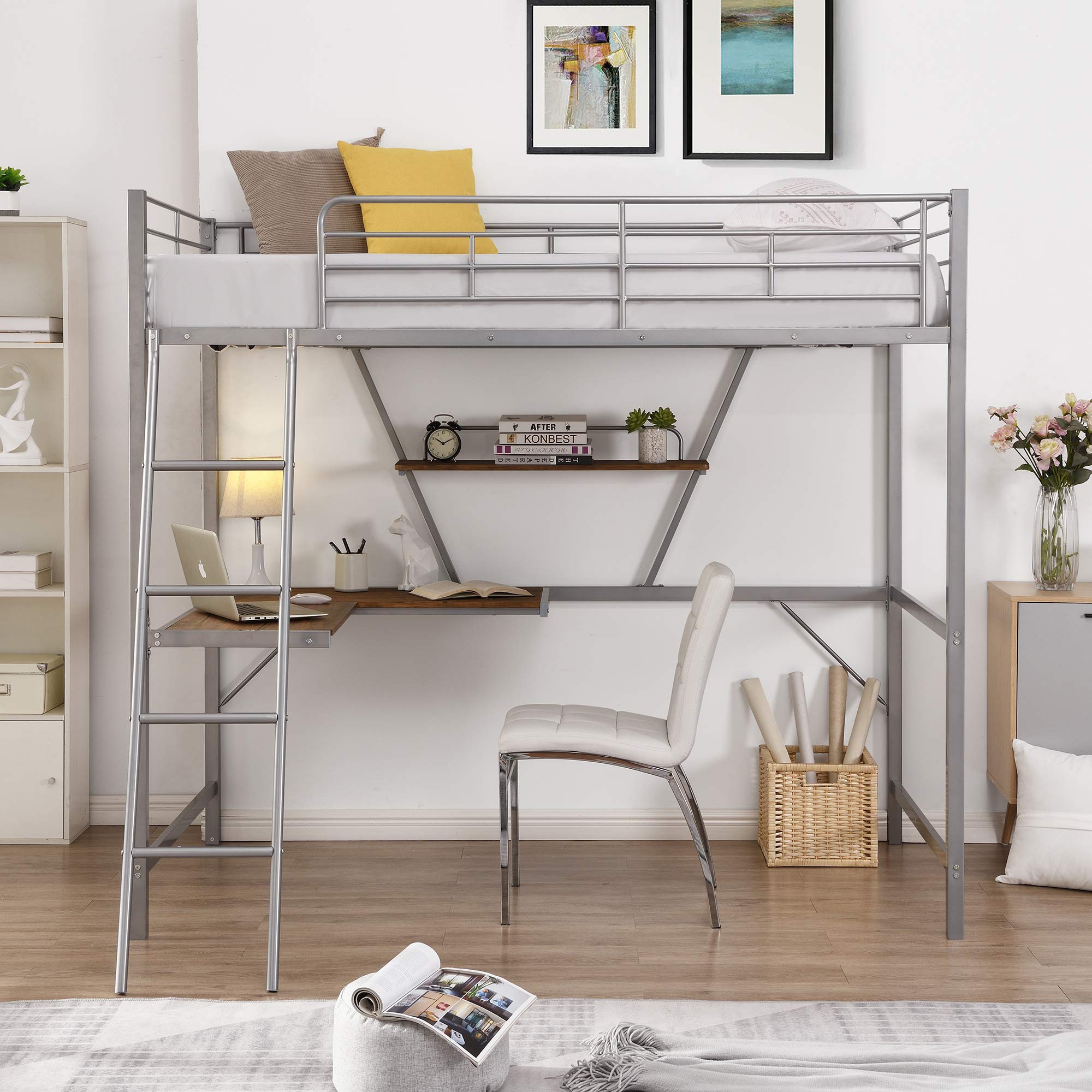 Kteam Metal Loft Bed with L-Shaped Desk, Ladder & Guardrails - Space Saving Bunk Bed for Small Rooms (Silver) - Perfect for Dorm, Apartment & Kids Bedroom Organization