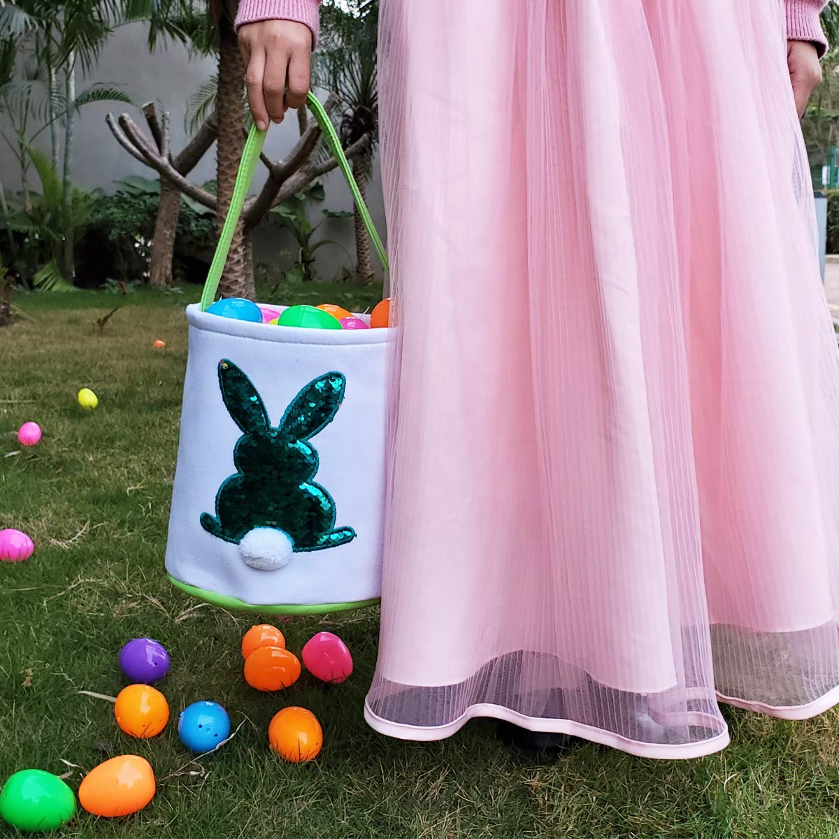 Easter Basket Bags for Kids - Bunny Tote Bucket with Paillette Design for Easter Eggs, Toys, Candy & Gifts | Perfect for Easter Egg Hunts, Party Favors & Holiday Celebrations (Green)