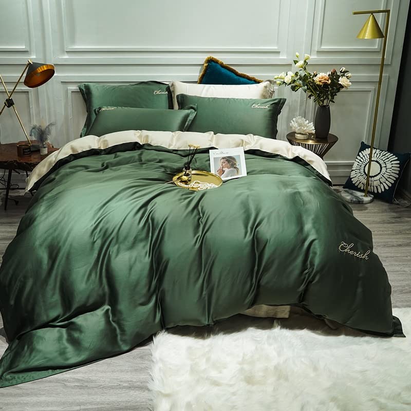 Luxury Tencel Duvet Cover Set - 4 Piece Soft Embroidery Bedding Set with Reversible Quilt Cover, Fitted Sheet & 2 Pillowcases - King Size Dark Green - Perfect for Master Bedroom & Guest Room Decor