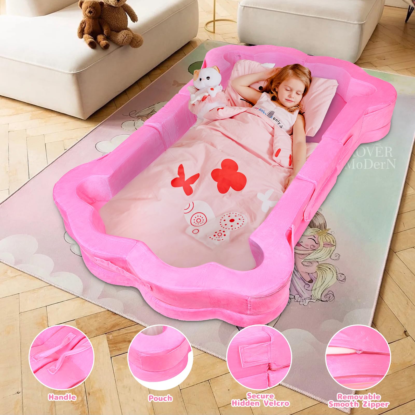 Portable Foldable Toddler Travel Bed for Kids 1-5 Years - Soft, Safe & Lightweight Floor Bed for Home, Camping & Sleepovers (Pink) - Perfect for Indoor, Outdoor & Travel Use