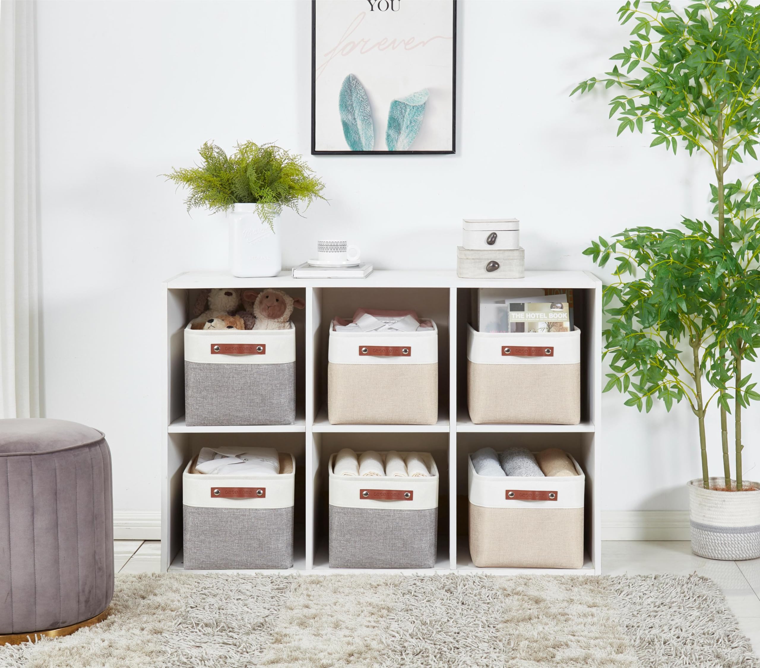 DECOMOMO Fabric Storage Bins - Large 3-Pack Beige & White Storage Baskets for Shelves, Linen Closet, Toy & Nursery Organization | Perfect for Home, Office & Kids Room Storage Solutions
