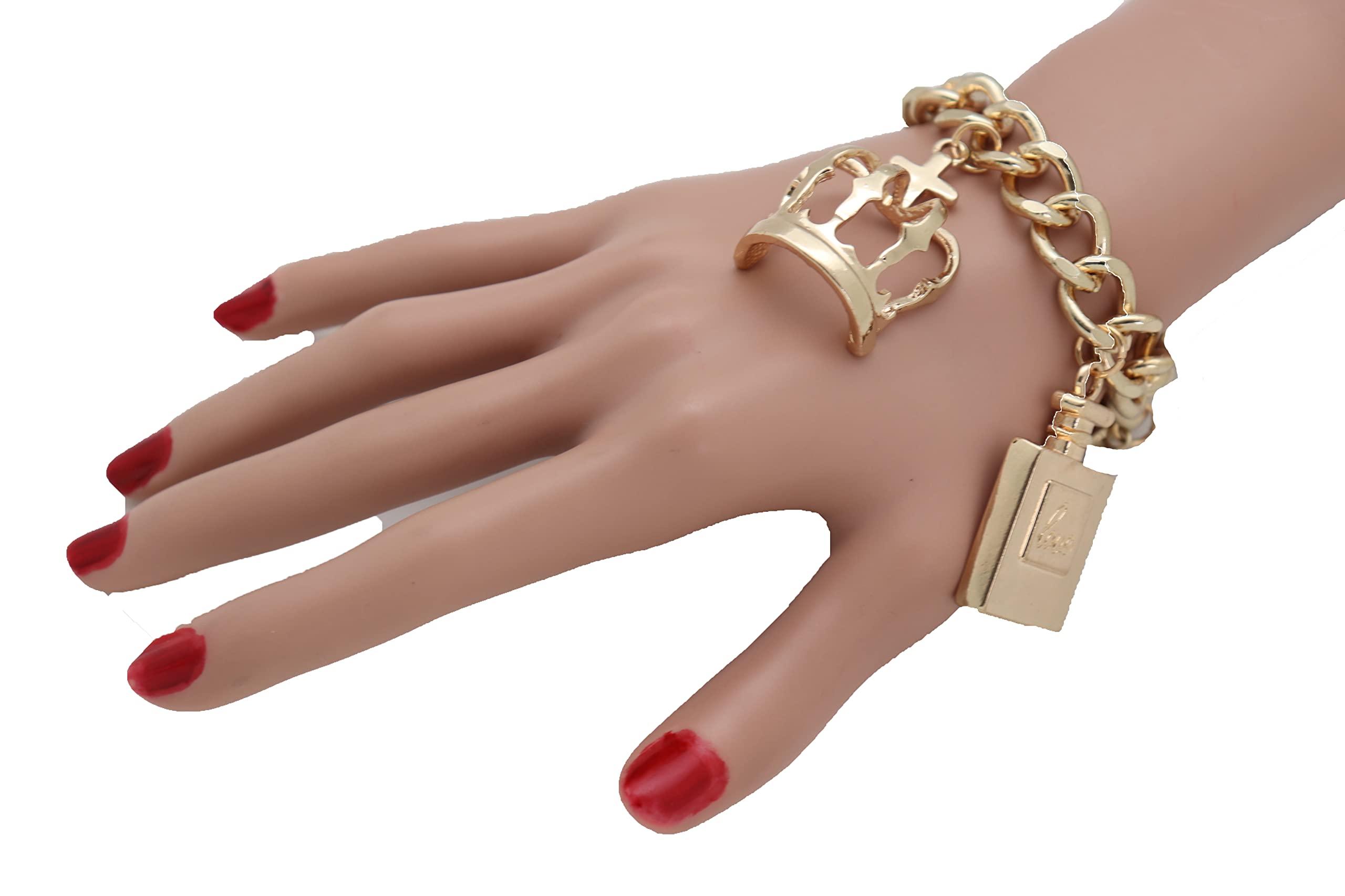 Gold Queen Crown Bracelet for Women - Elegant Metal Chain Fashion Jewelry with Lipstick & Perfume Charms | Perfect for Parties, Weddings & Royal-Themed Events