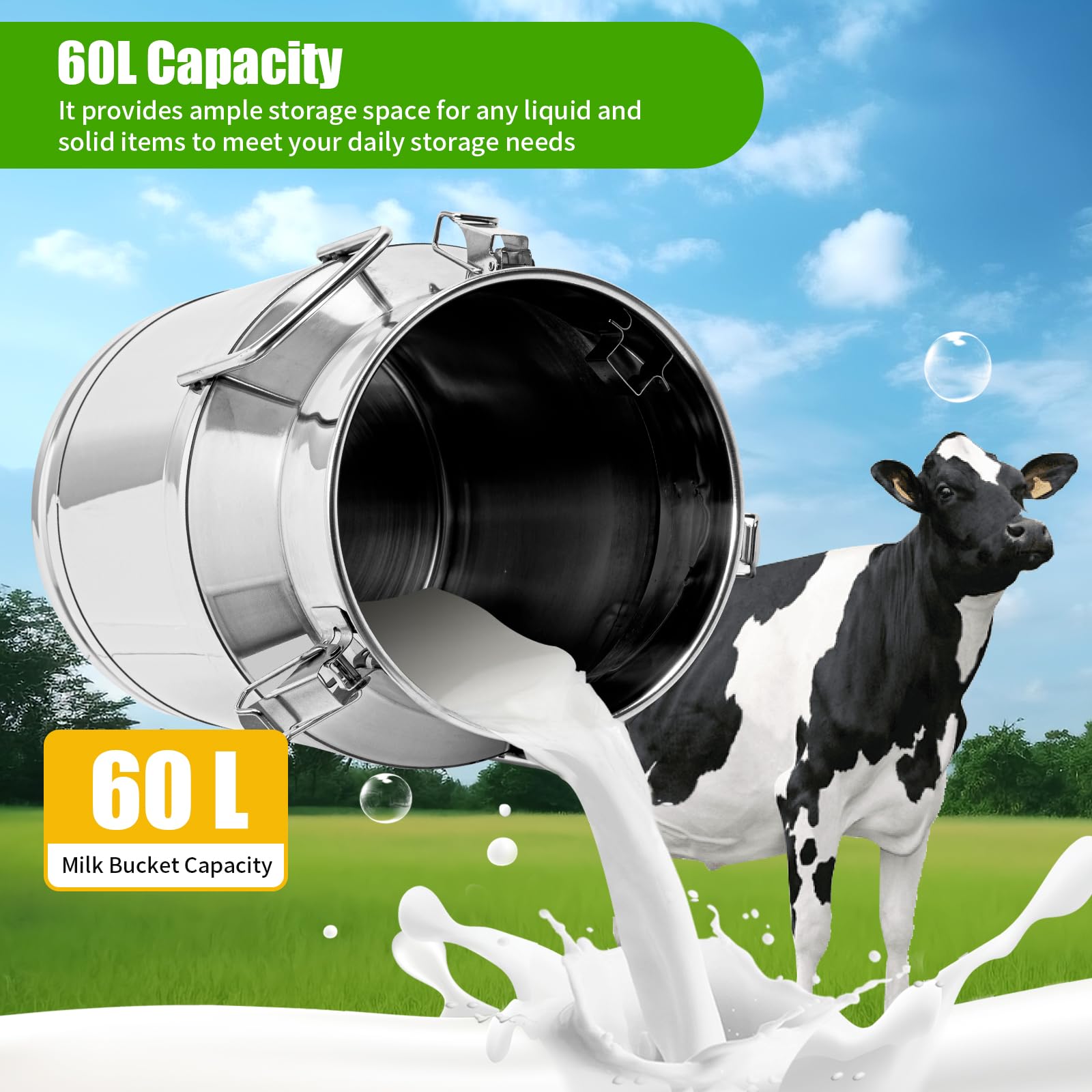 LOYALHEARTDY 60L/15.8 Gallon Stainless Steel Milk Can with Lid - Airtight Universal Metal Storage Jug for Liquids, Solids & Ice - Perfect for Kitchen, Restaurant, Camping & Farm Use