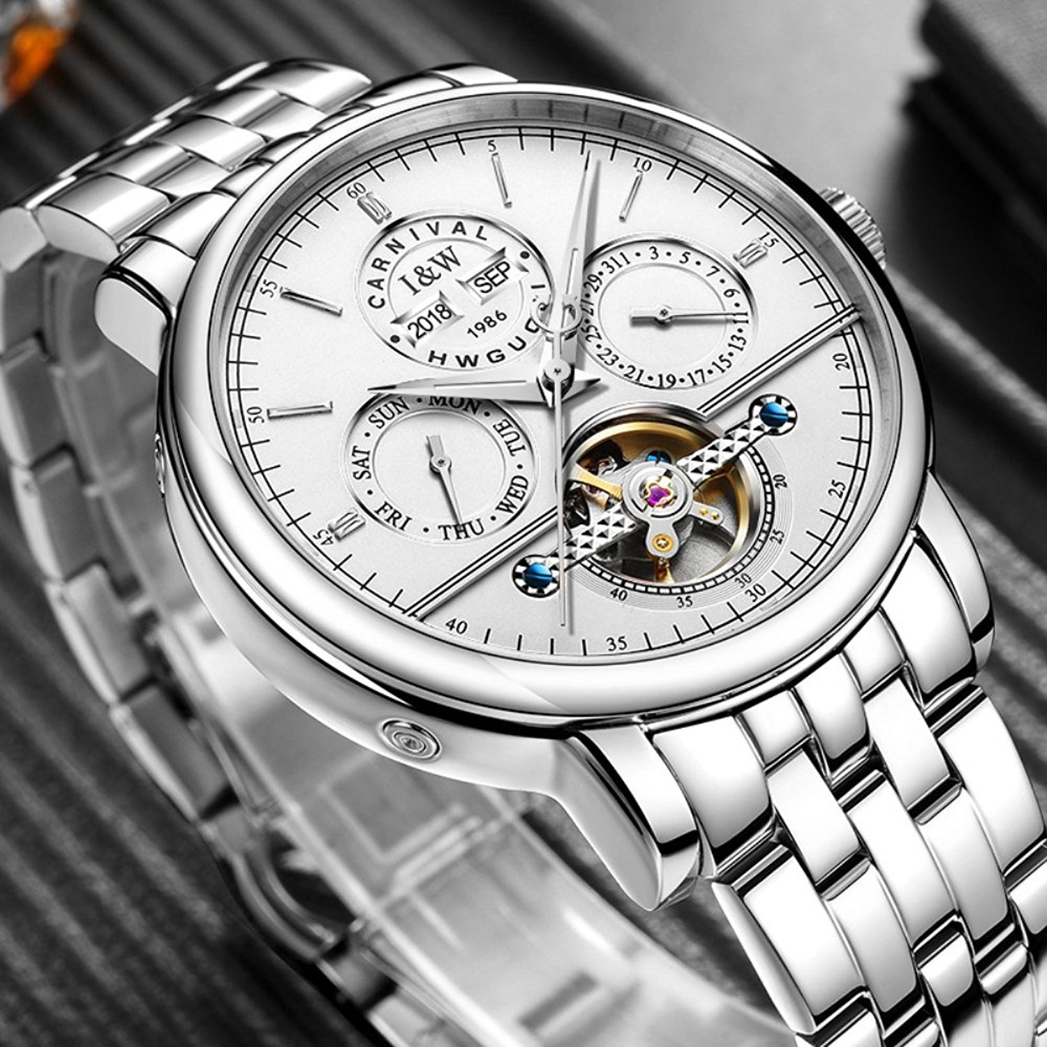 Carlien Men's Automatic Tourbillon Watch - Stainless Steel Mechanical Luminous Waterproof Multifunction Wristwatch for Business, Dress & Outdoor Activities