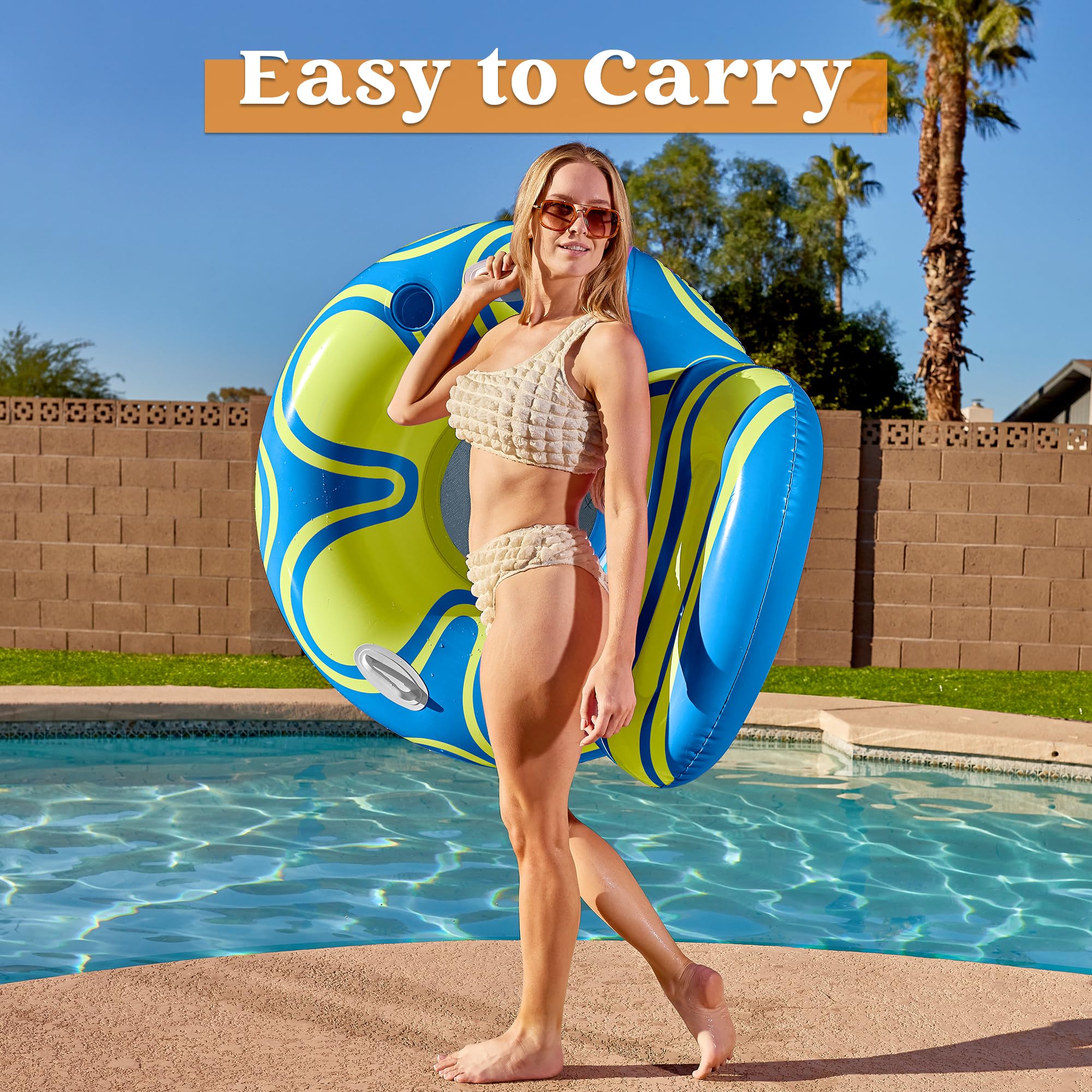 **Sloosh Inflatable Pool Float Lounger - Comfortable River Tube Floating Chair with Big Backrest, Mesh Bottom & Cup Holder - Perfect for Lake, Pool, Beach Relaxation & Summer Party Fun (Blue & Yellow)**
