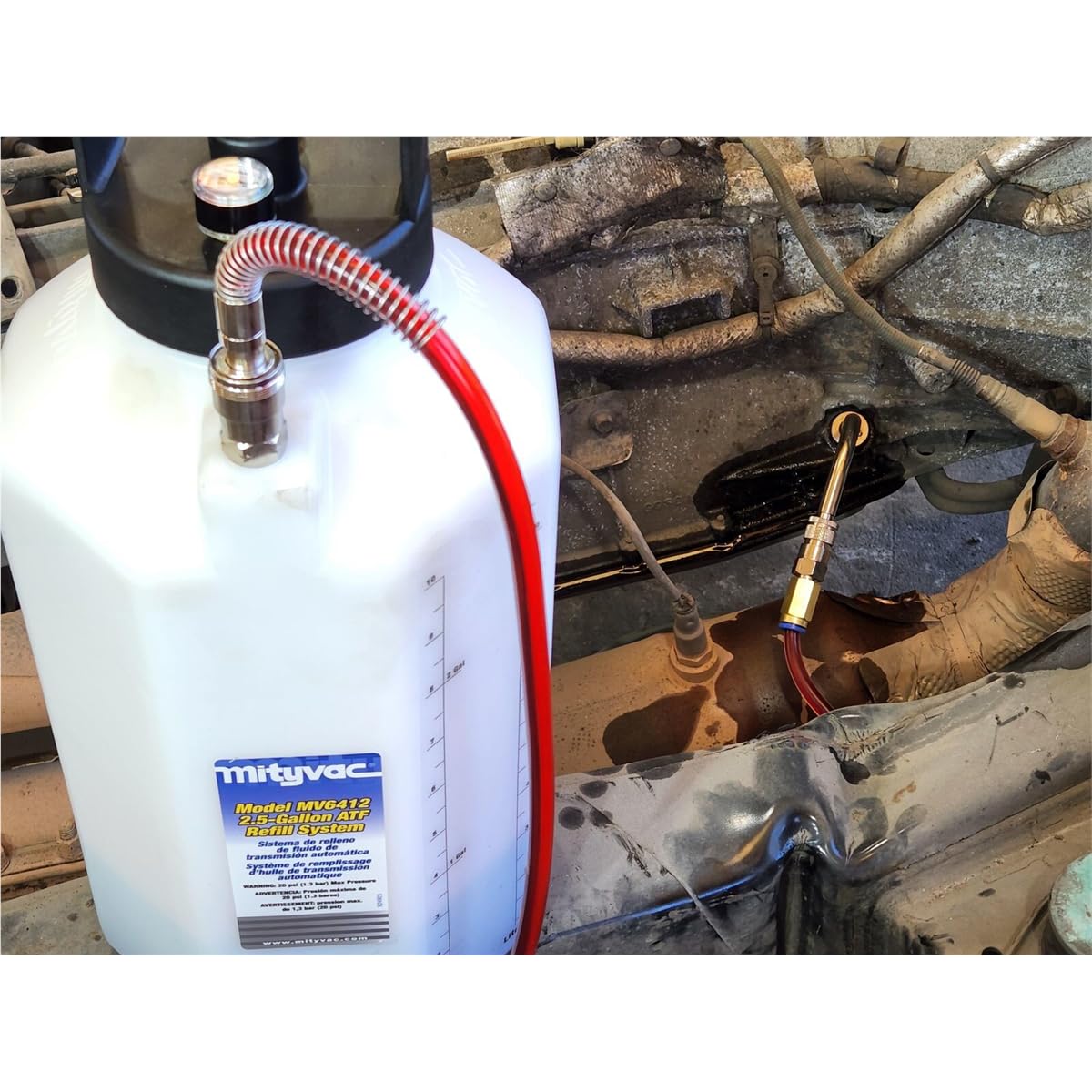 Mityvac MV6412A ATF Pneumatic Sealed Automatic Transmission Refill System - 2.5 Gallon (10L) with Manual Pump, Flow Control & Quick-Change Connector | Ideal for Professional Mechanics & DIY Transmission Fluid Change