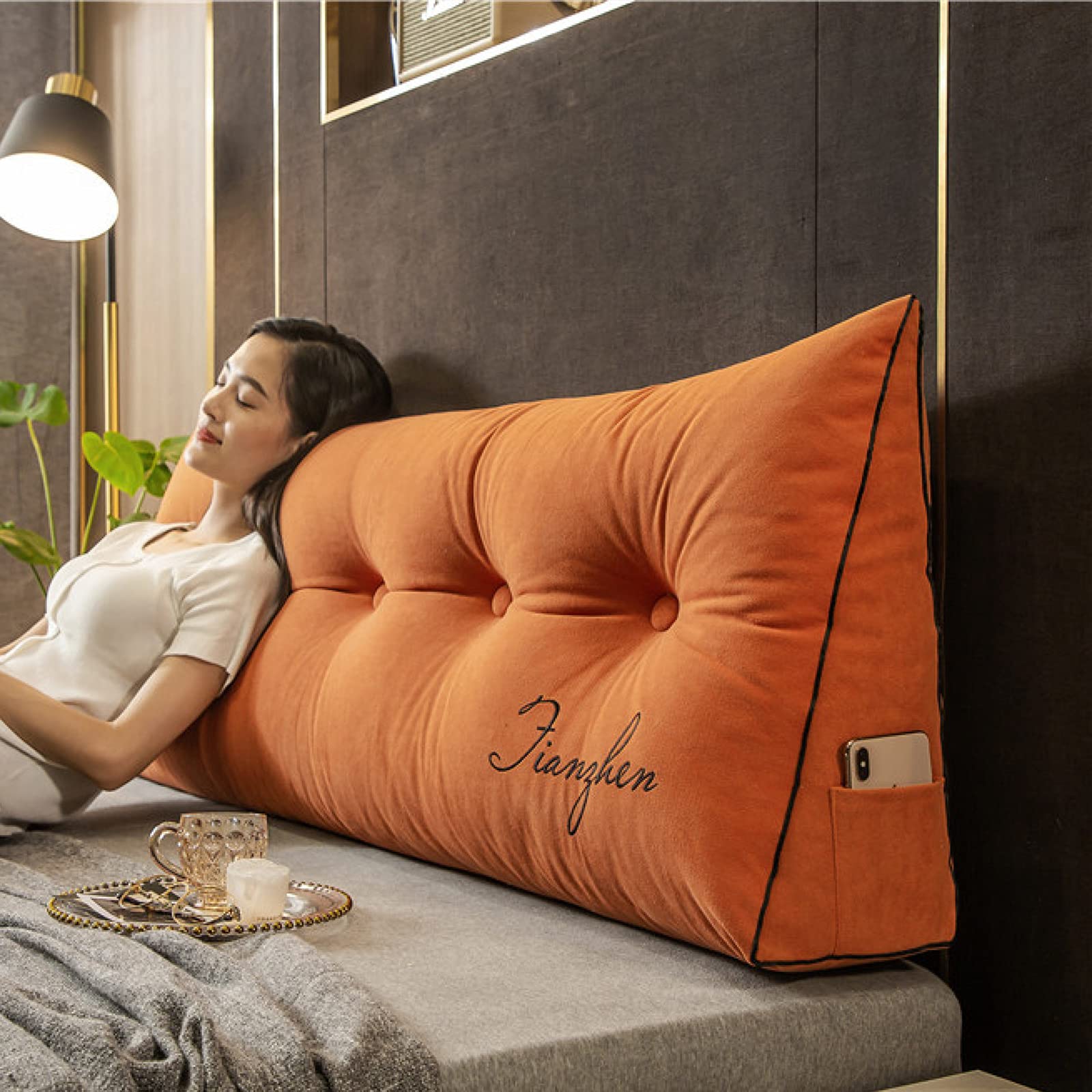 YAUKET Flax Large Bolster Triangular Pillow - Bed Rest Reading Pillow with Removable Tatami Cover - Wedge Headboard Backrest & Lumbar Support Cushion - 47x20 Inch (120x50cm) - Orange - Perfect for Daybeds, Reading Nooks & Back Pain Relief
