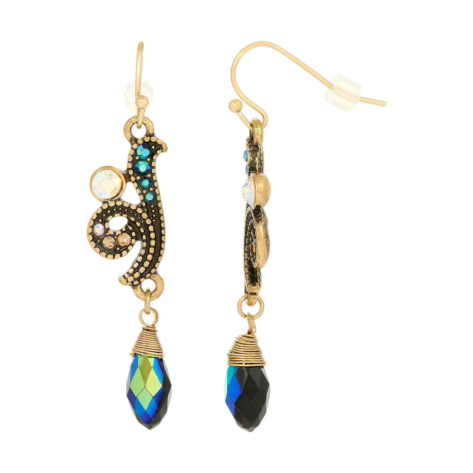 1928 Jewelry Peacock Feather Blue Iridescent AB Glass Drop Bead Fish Hook Earrings for Women - Vintage Dangle Earrings for Party, Wedding & Special Occasions