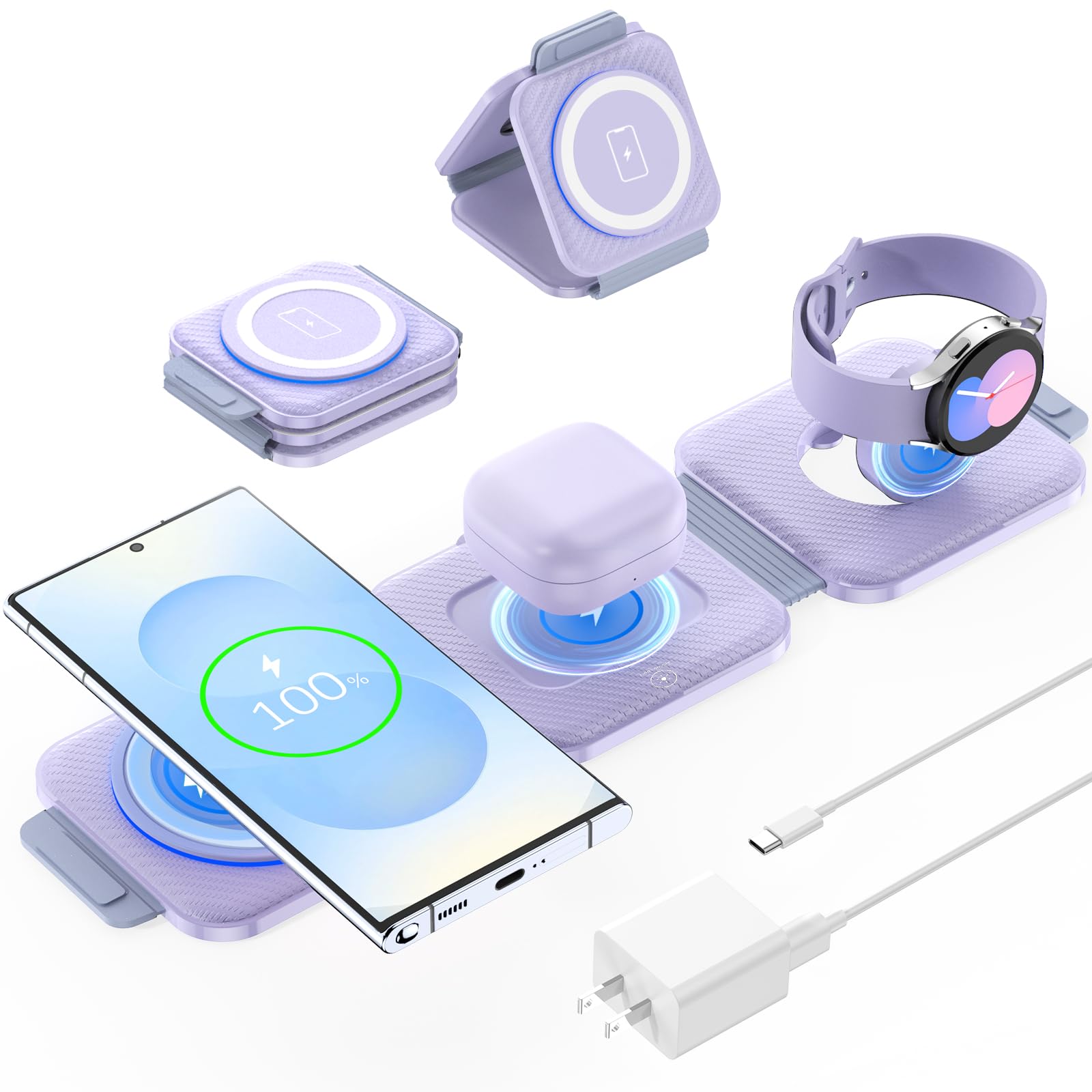 3-in-1 Foldable Wireless Charger for Samsung Galaxy S25 Ultra/S24/Z Fold Flip 6/5, Watch 7 & Buds Pro3 - Fast Charging Station with Stand for Multiple Devices | Travel & Office Use (Purple)