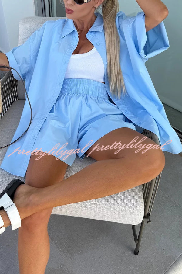 Women's Summer Casual Loose Short Sleeve Shirt & Elastic High Waist Shorts Set - Comfortable Outfit for Beach Vacation, Streetwear and Daily Wear