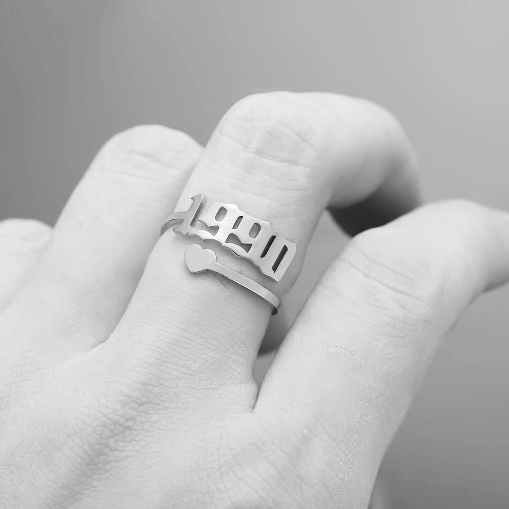 SKQIR Adjustable Initial Number Birth Year Open Ring for Women - Gold/Silver Stainless Steel Promise Ring, Engagement Wedding Band - Perfect Anniversary Gift for Her, Birthday Present, Valentine's Day Jewelry (Great for Everyday Wear & Special Occasions)